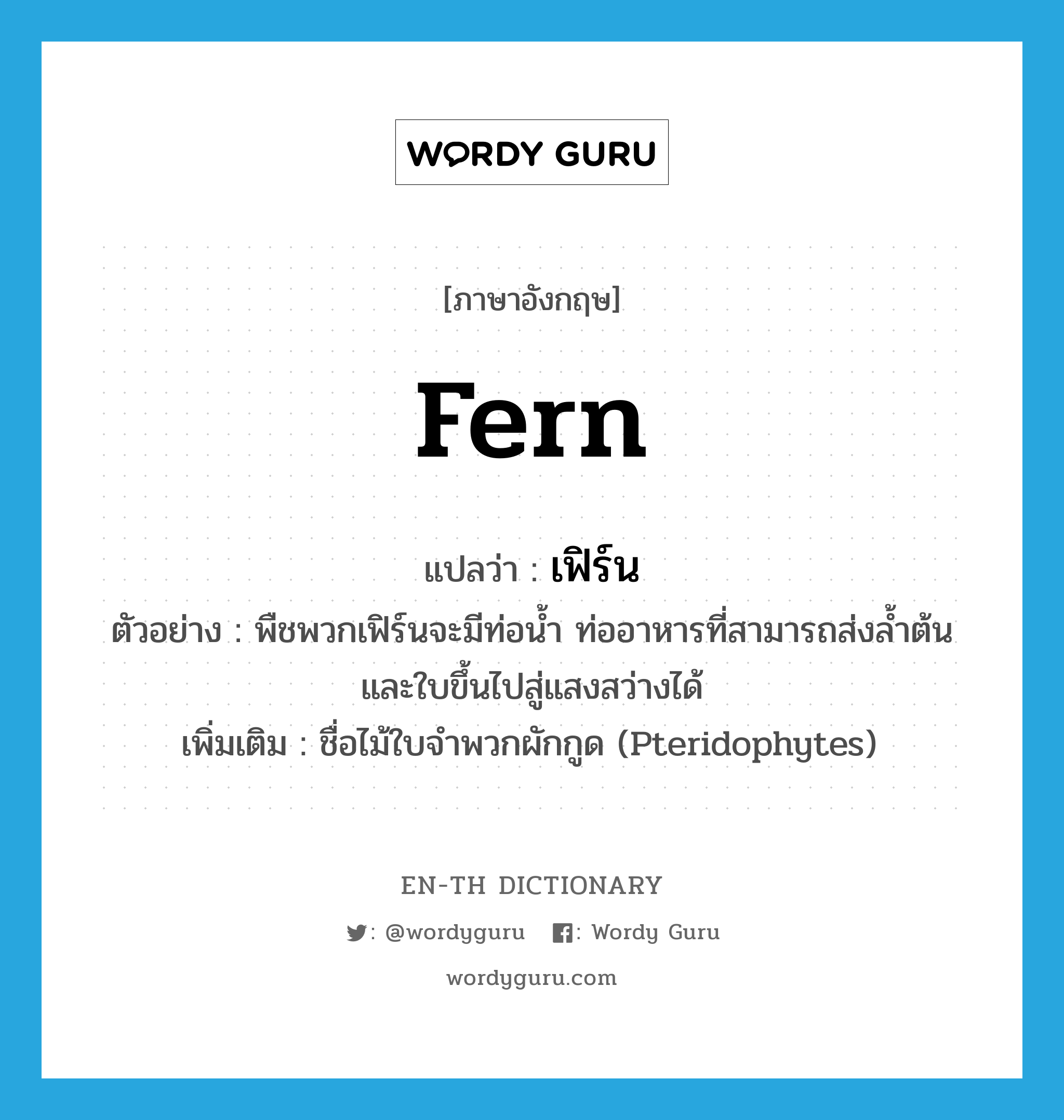 fern แปลว่า?, คำศัพท์ภาษาอังกฤษ fern แปลว่า เฟิร์น ประเภท N ตัวอย่าง พืชพวกเฟิร์นจะมีท่อน้ำ ท่ออาหารที่สามารถส่งล้ำต้น และใบขึ้นไปสู่แสงสว่างได้ เพิ่มเติม ชื่อไม้ใบจำพวกผักกูด (Pteridophytes) หมวด N