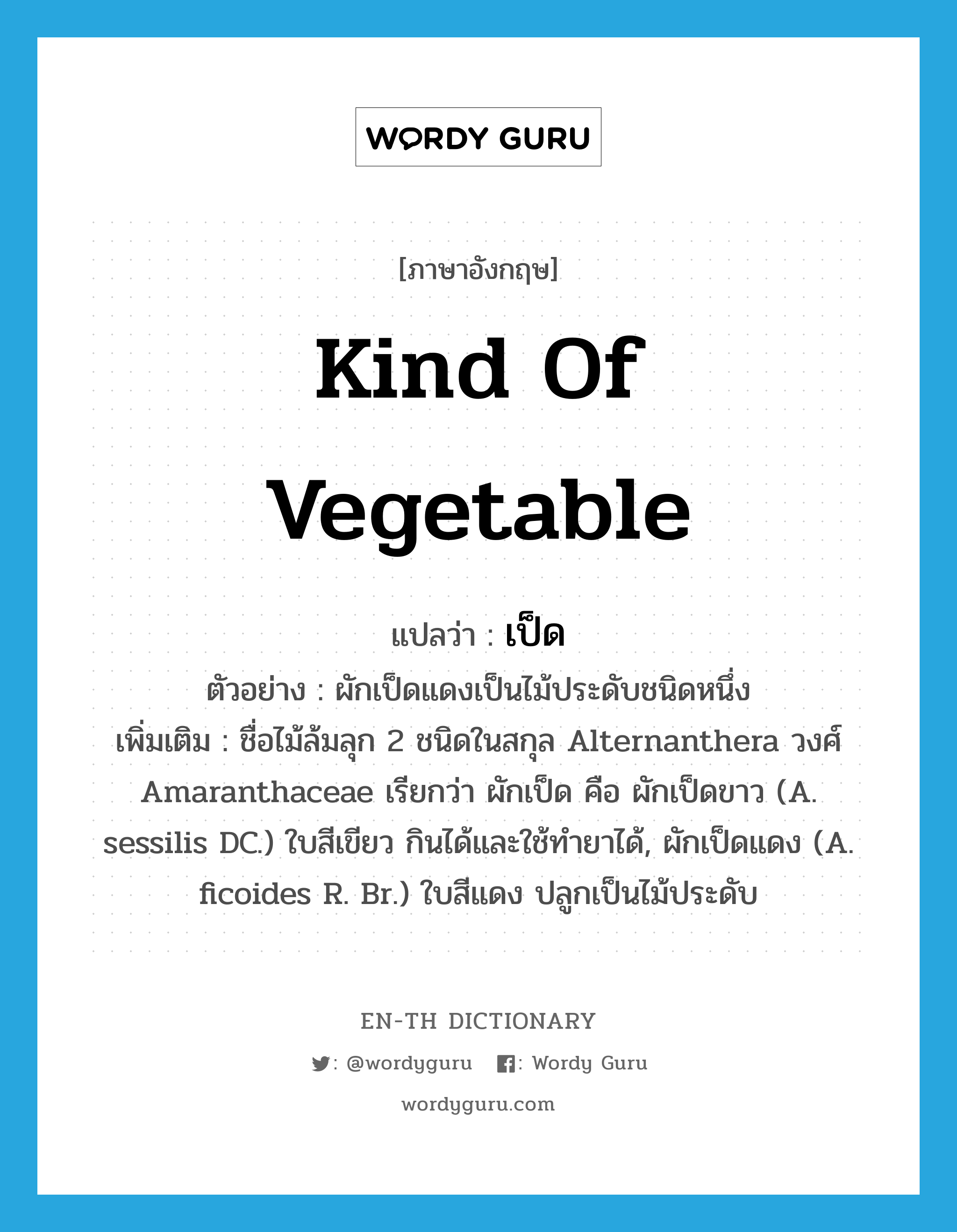 kind of vegetable แปลว่า?, คำศัพท์ภาษาอังกฤษ kind of vegetable แปลว่า เป็ด ประเภท N ตัวอย่าง ผักเป็ดแดงเป็นไม้ประดับชนิดหนึ่ง เพิ่มเติม ชื่อไม้ล้มลุก 2 ชนิดในสกุล Alternanthera วงศ์ Amaranthaceae เรียกว่า ผักเป็ด คือ ผักเป็ดขาว (A. sessilis DC.) ใบสีเขียว กินได้และใช้ทำยาได้, ผักเป็ดแดง (A. ficoides R. Br.) ใบสีแดง ปลูกเป็นไม้ประดับ หมวด N