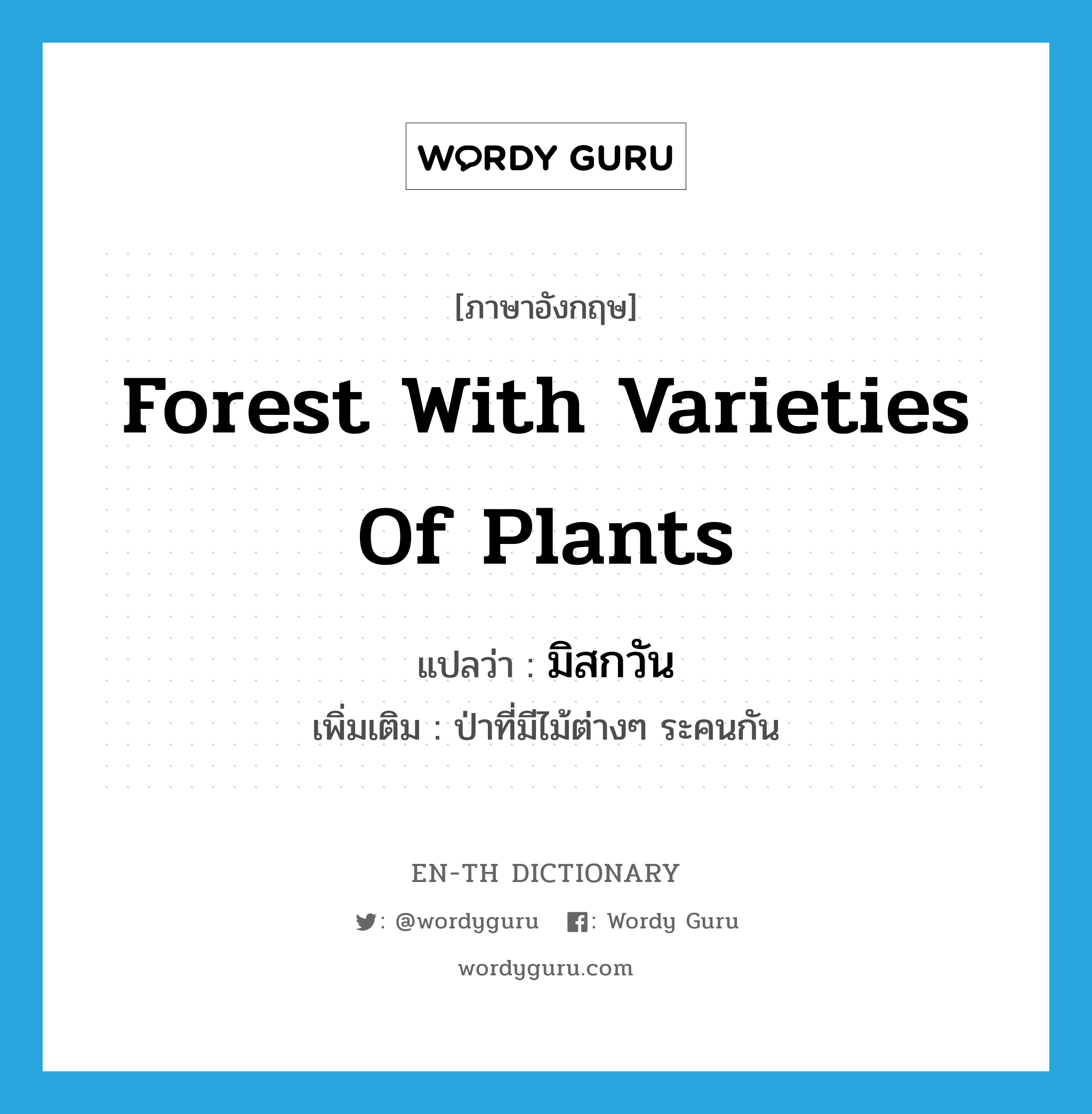 forest with varieties of plants แปลว่า?, คำศัพท์ภาษาอังกฤษ forest with varieties of plants แปลว่า มิสกวัน ประเภท N เพิ่มเติม ป่าที่มีไม้ต่างๆ ระคนกัน หมวด N