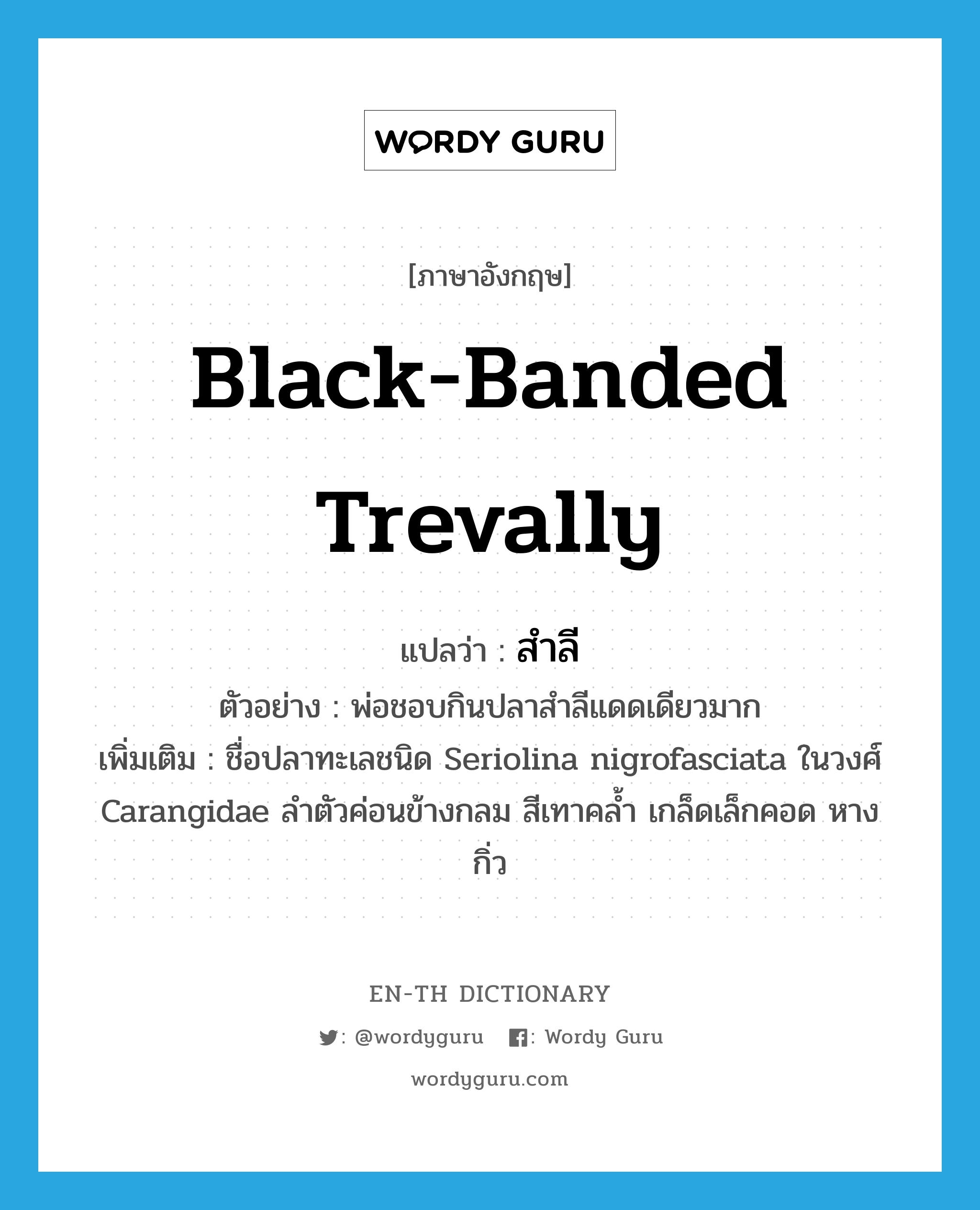 black-banded trevally แปลว่า?, คำศัพท์ภาษาอังกฤษ black-banded trevally แปลว่า สำลี ประเภท N ตัวอย่าง พ่อชอบกินปลาสำลีแดดเดียวมาก เพิ่มเติม ชื่อปลาทะเลชนิด Seriolina nigrofasciata ในวงศ์ Carangidae ลำตัวค่อนข้างกลม สีเทาคล้ำ เกล็ดเล็กคอด หางกิ่ว หมวด N