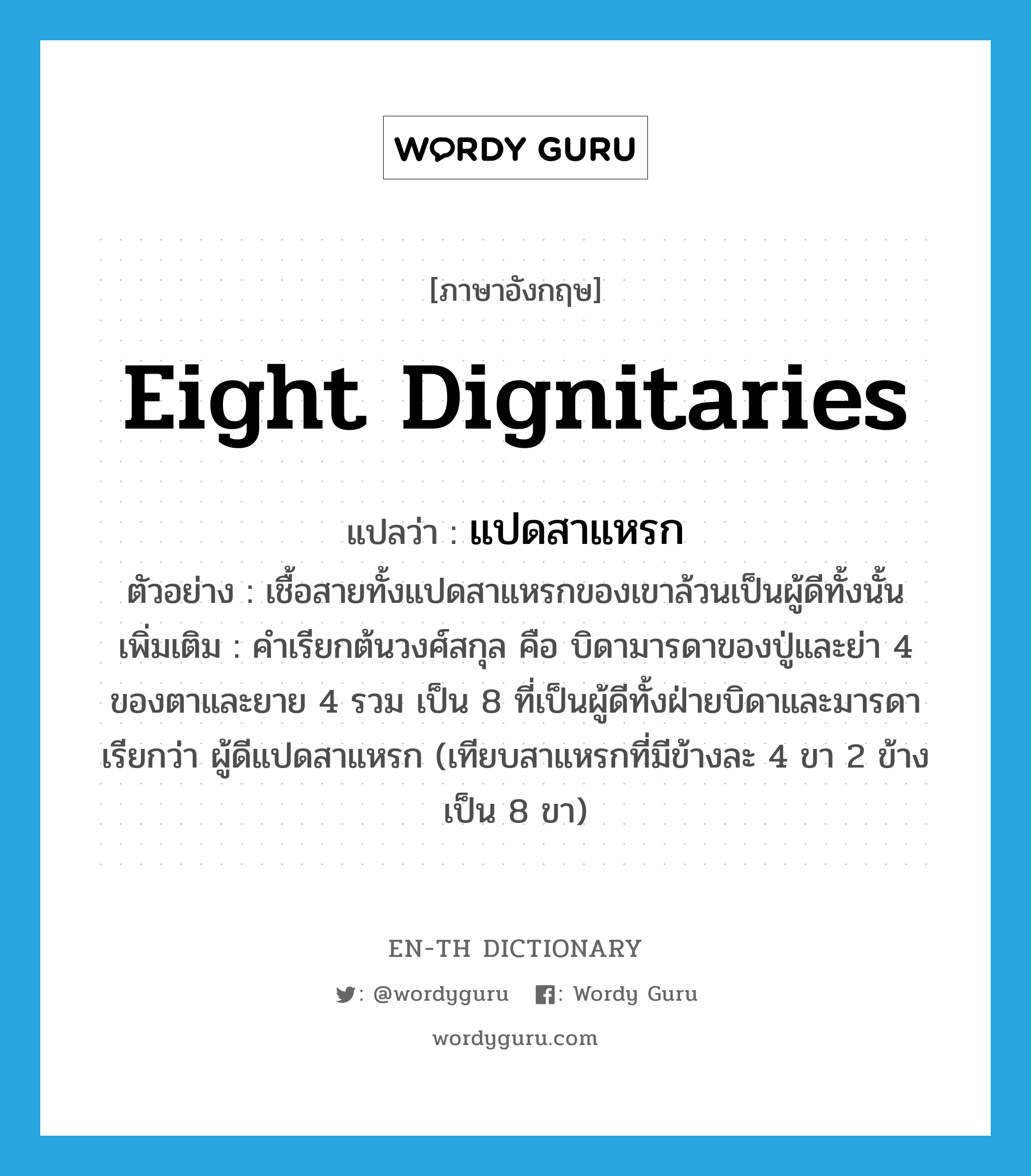 eight dignitaries แปลว่า?, คำศัพท์ภาษาอังกฤษ eight dignitaries แปลว่า แปดสาแหรก ประเภท N ตัวอย่าง เชื้อสายทั้งแปดสาแหรกของเขาล้วนเป็นผู้ดีทั้งนั้น เพิ่มเติม คำเรียกต้นวงศ์สกุล คือ บิดามารดาของปู่และย่า 4 ของตาและยาย 4 รวม เป็น 8 ที่เป็นผู้ดีทั้งฝ่ายบิดาและมารดา เรียกว่า ผู้ดีแปดสาแหรก (เทียบสาแหรกที่มีข้างละ 4 ขา 2 ข้างเป็น 8 ขา) หมวด N