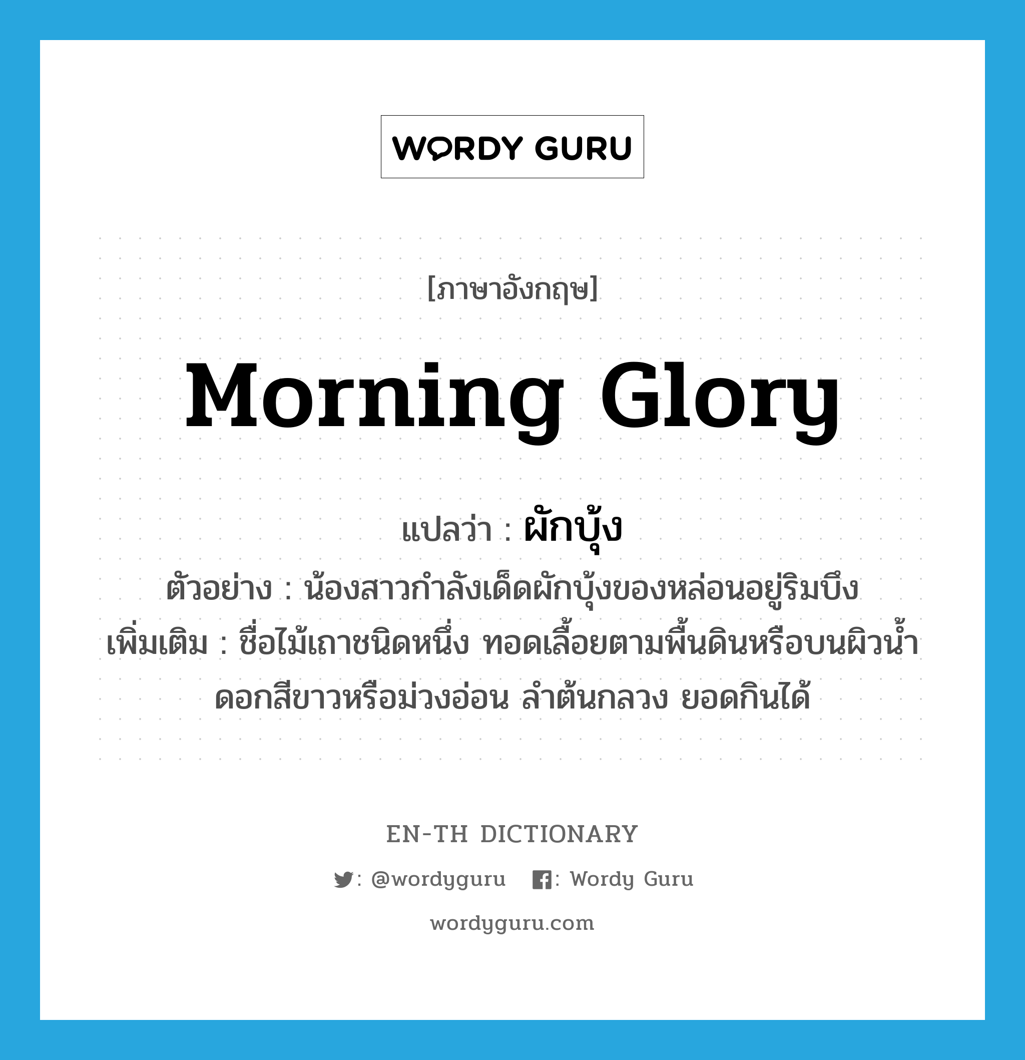 morning glory แปลว่า?, คำศัพท์ภาษาอังกฤษ morning glory แปลว่า ผักบุ้ง ประเภท N ตัวอย่าง น้องสาวกำลังเด็ดผักบุ้งของหล่อนอยู่ริมบึง เพิ่มเติม ชื่อไม้เถาชนิดหนึ่ง ทอดเลื้อยตามพื้นดินหรือบนผิวน้ำ ดอกสีขาวหรือม่วงอ่อน ลำต้นกลวง ยอดกินได้ หมวด N