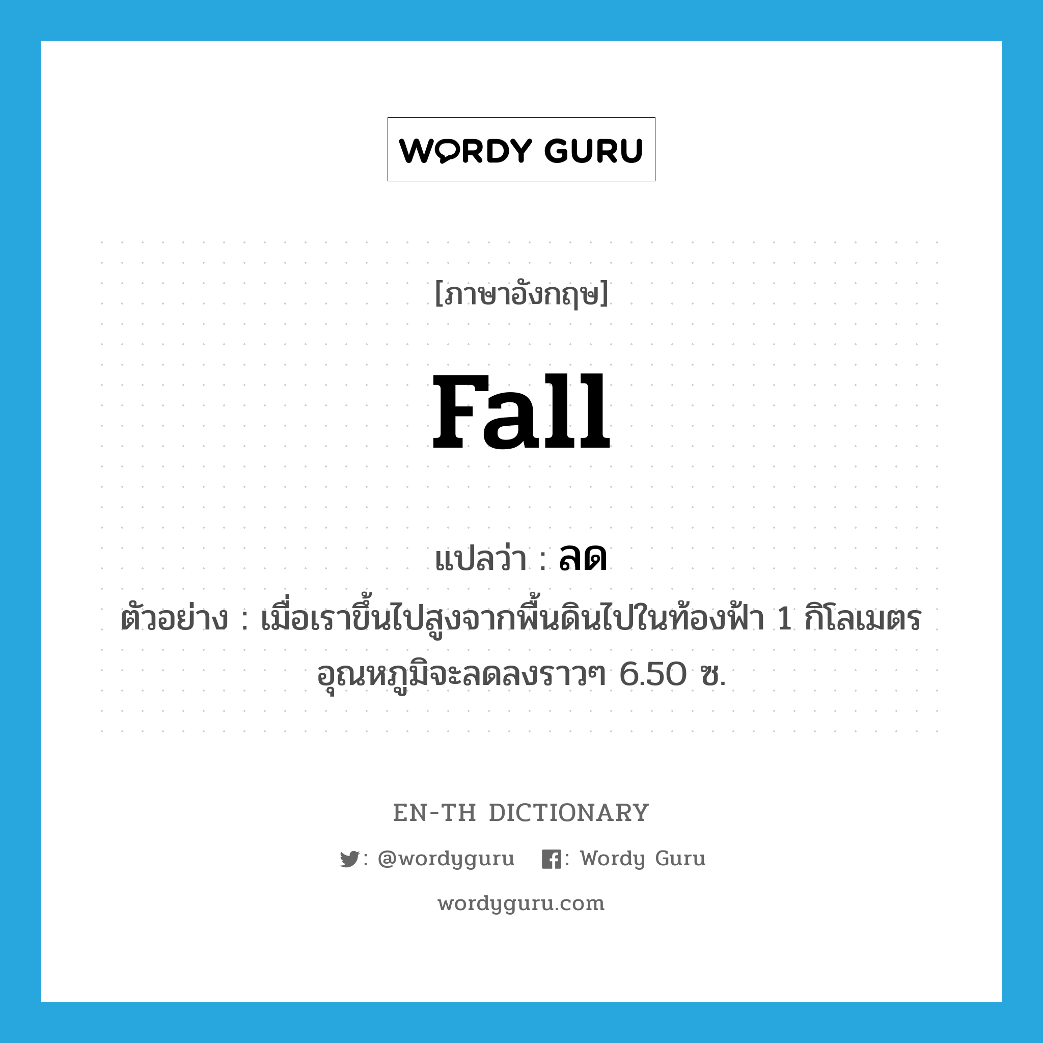 fall แปลว่า?, คำศัพท์ภาษาอังกฤษ fall แปลว่า ลด ประเภท V ตัวอย่าง เมื่อเราขึ้นไปสูงจากพื้นดินไปในท้องฟ้า 1 กิโลเมตร อุณหภูมิจะลดลงราวๆ 6.50 ซ. หมวด V