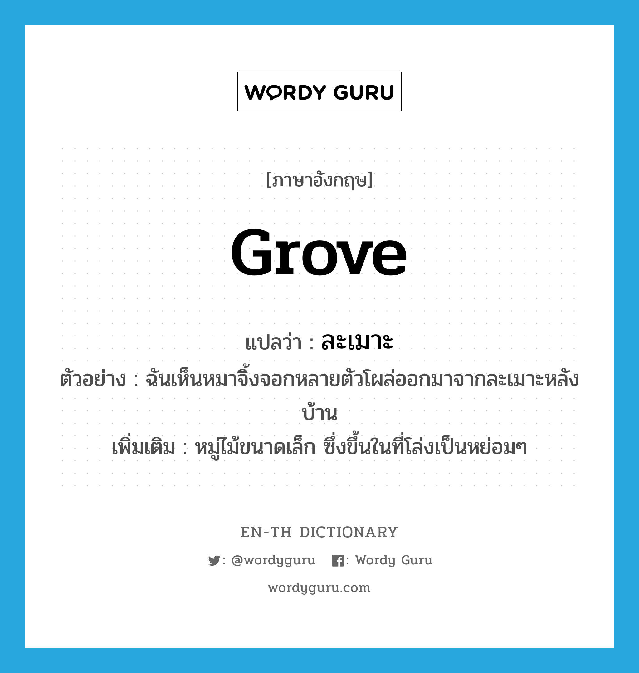 grove แปลว่า?, คำศัพท์ภาษาอังกฤษ grove แปลว่า ละเมาะ ประเภท N ตัวอย่าง ฉันเห็นหมาจิ้งจอกหลายตัวโผล่ออกมาจากละเมาะหลังบ้าน เพิ่มเติม หมู่ไม้ขนาดเล็ก ซึ่งขึ้นในที่โล่งเป็นหย่อมๆ หมวด N