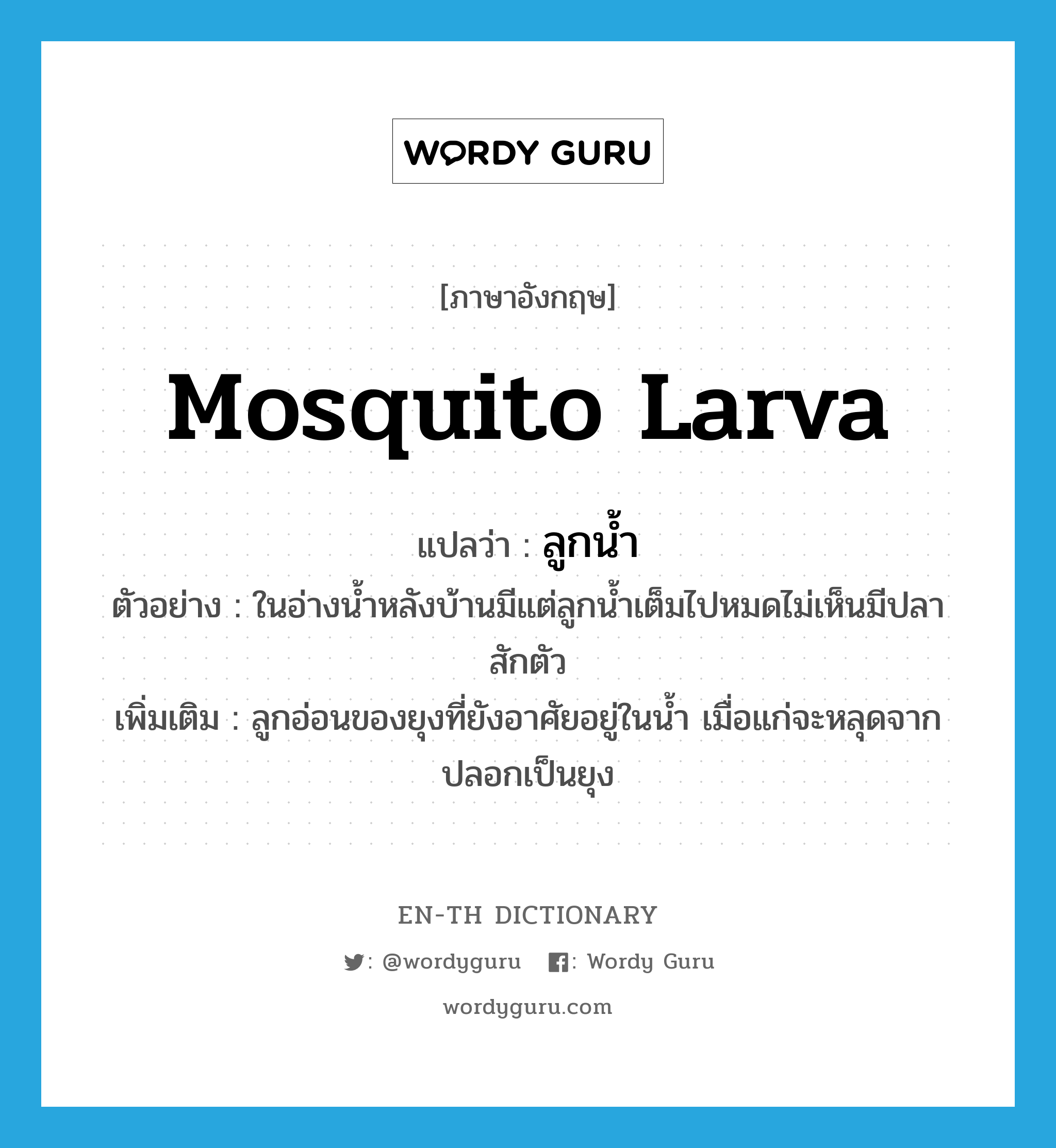 mosquito larva แปลว่า?, คำศัพท์ภาษาอังกฤษ mosquito larva แปลว่า ลูกน้ำ ประเภท N ตัวอย่าง ในอ่างน้ำหลังบ้านมีแต่ลูกน้ำเต็มไปหมดไม่เห็นมีปลาสักตัว เพิ่มเติม ลูกอ่อนของยุงที่ยังอาศัยอยู่ในน้ำ เมื่อแก่จะหลุดจากปลอกเป็นยุง หมวด N