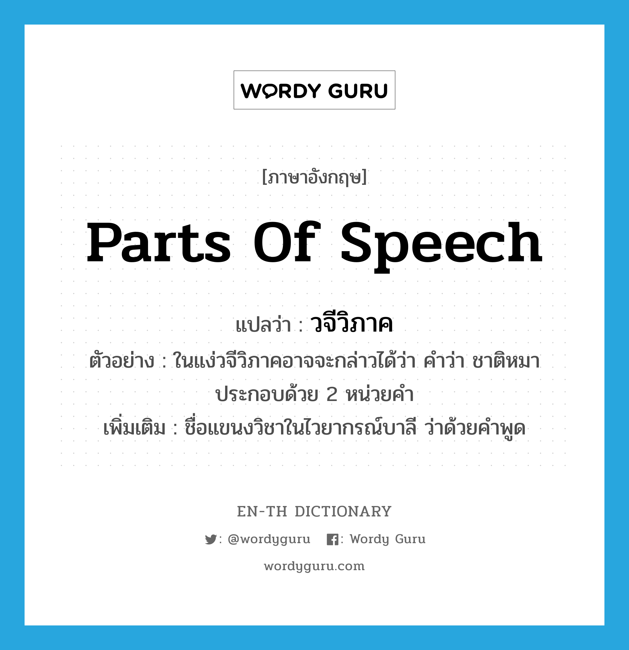 parts of speech แปลว่า?, คำศัพท์ภาษาอังกฤษ parts of speech แปลว่า วจีวิภาค ประเภท N ตัวอย่าง ในแง่วจีวิภาคอาจจะกล่าวได้ว่า คำว่า ชาติหมา ประกอบด้วย 2 หน่วยคำ เพิ่มเติม ชื่อแขนงวิชาในไวยากรณ์บาลี ว่าด้วยคำพูด หมวด N