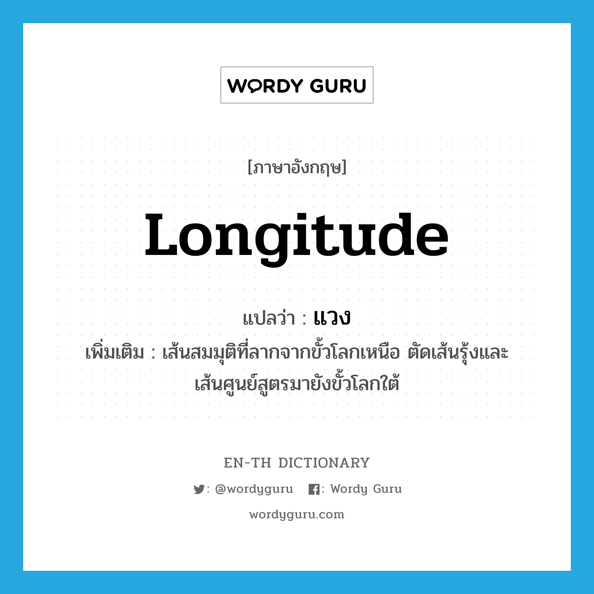 longitude แปลว่า?, คำศัพท์ภาษาอังกฤษ longitude แปลว่า แวง ประเภท N เพิ่มเติม เส้นสมมุติที่ลากจากขั้วโลกเหนือ ตัดเส้นรุ้งและเส้นศูนย์สูตรมายังขั้วโลกใต้ หมวด N