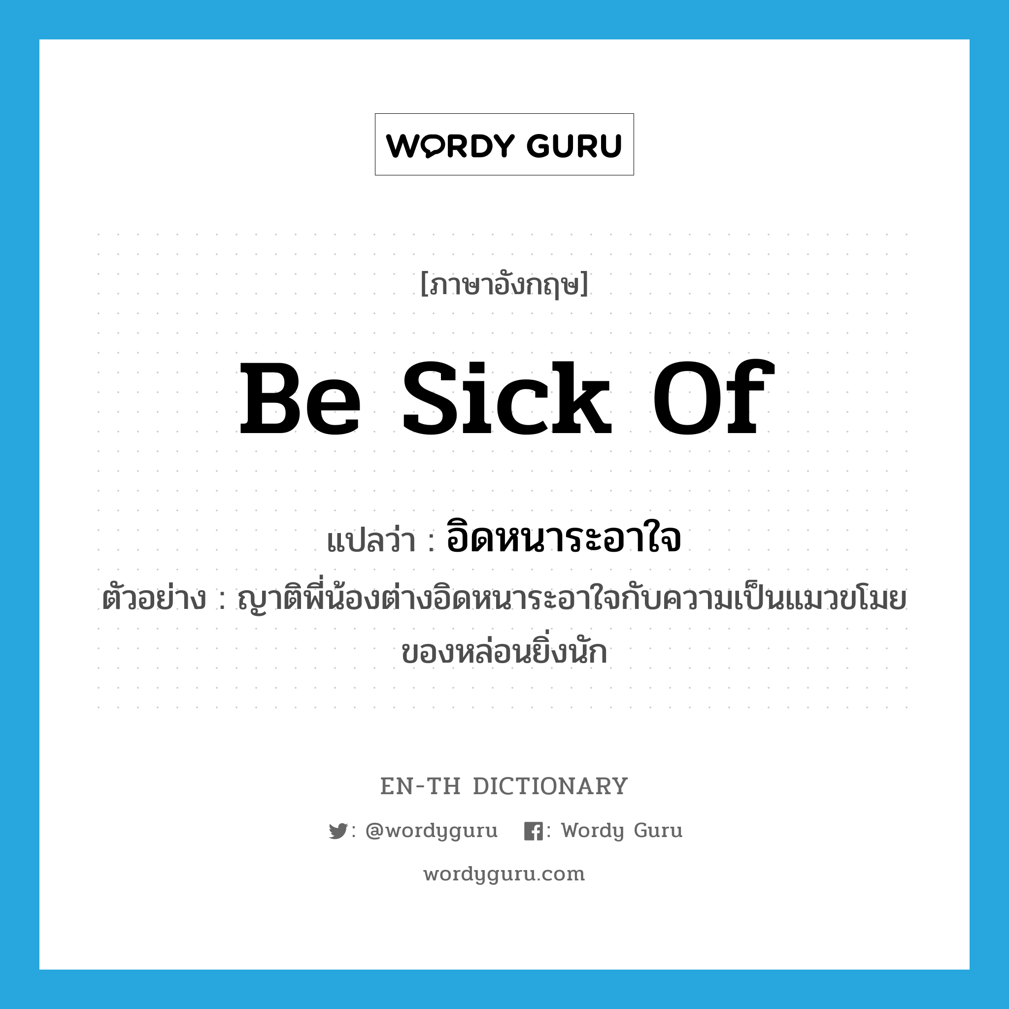 be sick of แปลว่า?, คำศัพท์ภาษาอังกฤษ be sick of แปลว่า อิดหนาระอาใจ ประเภท V ตัวอย่าง ญาติพี่น้องต่างอิดหนาระอาใจกับความเป็นแมวขโมยของหล่อนยิ่งนัก หมวด V