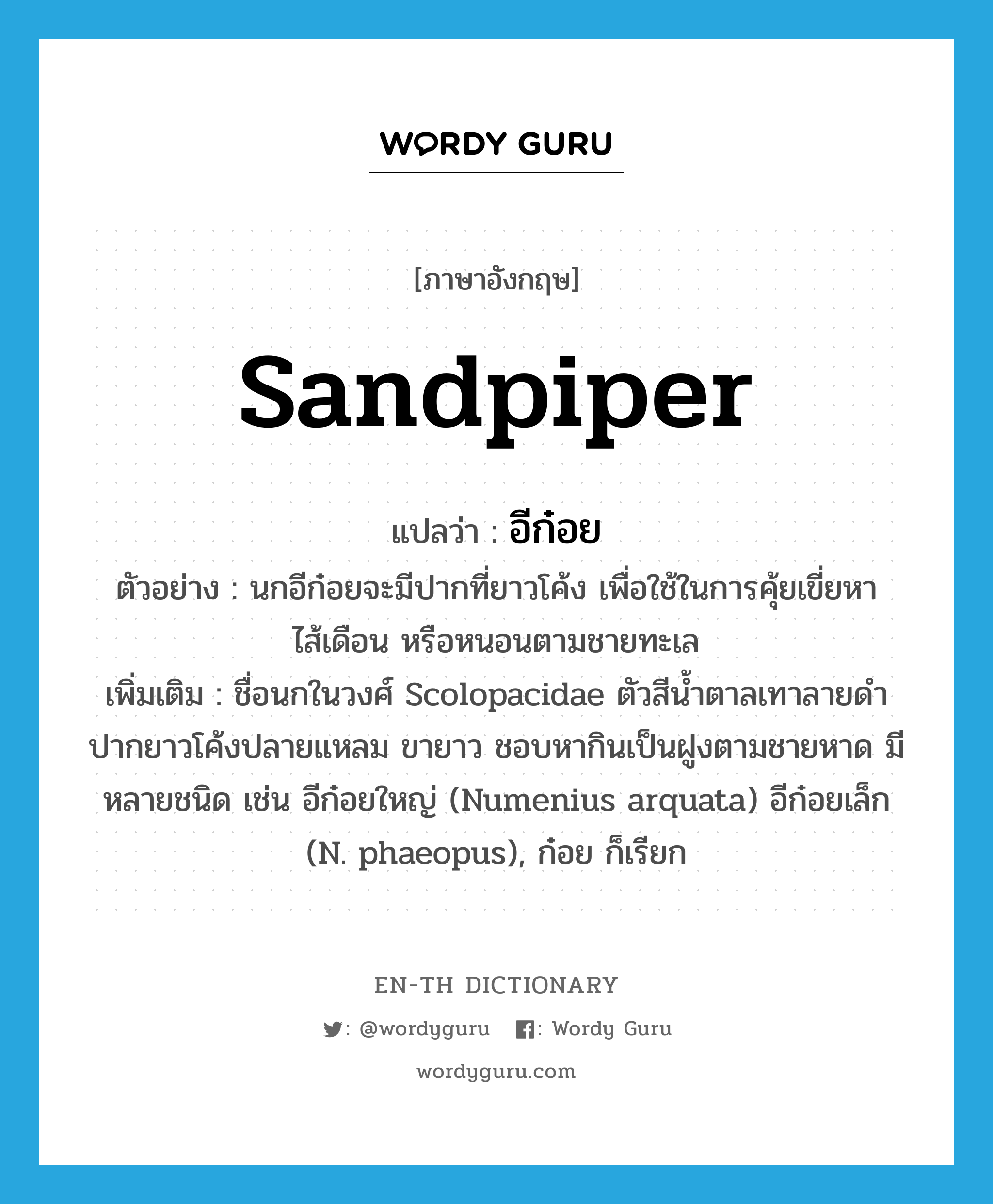 sandpiper แปลว่า?, คำศัพท์ภาษาอังกฤษ sandpiper แปลว่า อีก๋อย ประเภท N ตัวอย่าง นกอีก๋อยจะมีปากที่ยาวโค้ง เพื่อใช้ในการคุ้ยเขี่ยหาไส้เดือน หรือหนอนตามชายทะเล เพิ่มเติม ชื่อนกในวงศ์ Scolopacidae ตัวสีน้ำตาลเทาลายดำ ปากยาวโค้งปลายแหลม ขายาว ชอบหากินเป็นฝูงตามชายหาด มีหลายชนิด เช่น อีก๋อยใหญ่ (Numenius arquata) อีก๋อยเล็ก (N. phaeopus), ก๋อย ก็เรียก หมวด N