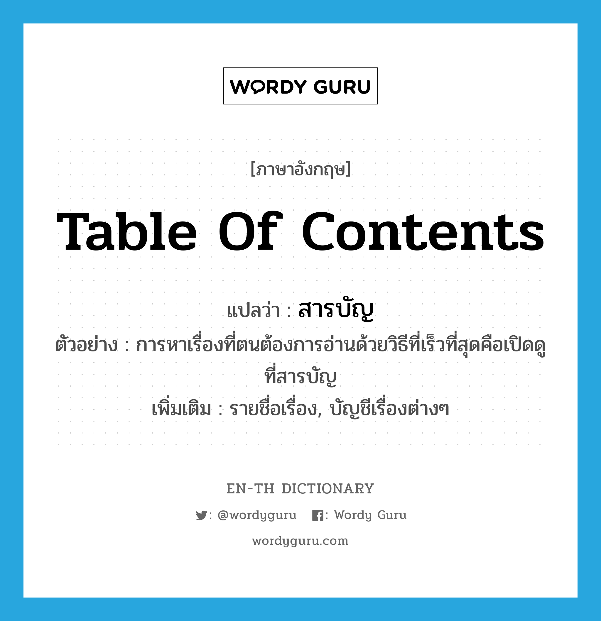 table of contents แปลว่า?, คำศัพท์ภาษาอังกฤษ table of contents แปลว่า สารบัญ ประเภท N ตัวอย่าง การหาเรื่องที่ตนต้องการอ่านด้วยวิธีที่เร็วที่สุดคือเปิดดูที่สารบัญ เพิ่มเติม รายชื่อเรื่อง, บัญชีเรื่องต่างๆ หมวด N