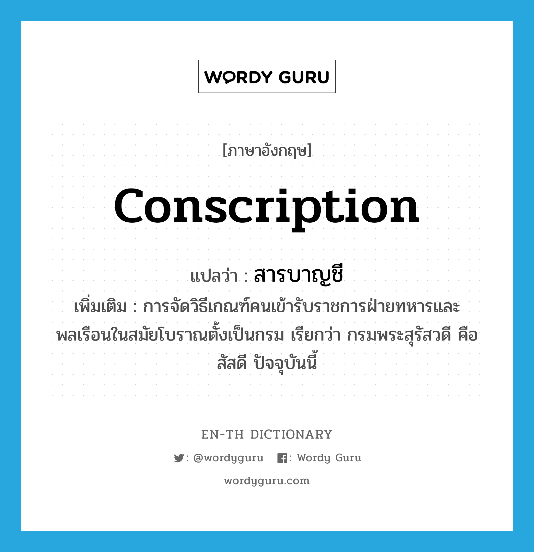 conscription แปลว่า?, คำศัพท์ภาษาอังกฤษ conscription แปลว่า สารบาญชี ประเภท N เพิ่มเติม การจัดวิธีเกณฑ์คนเข้ารับราชการฝ่ายทหารและพลเรือนในสมัยโบราณตั้งเป็นกรม เรียกว่า กรมพระสุรัสวดี คือ สัสดี ปัจจุบันนี้ หมวด N