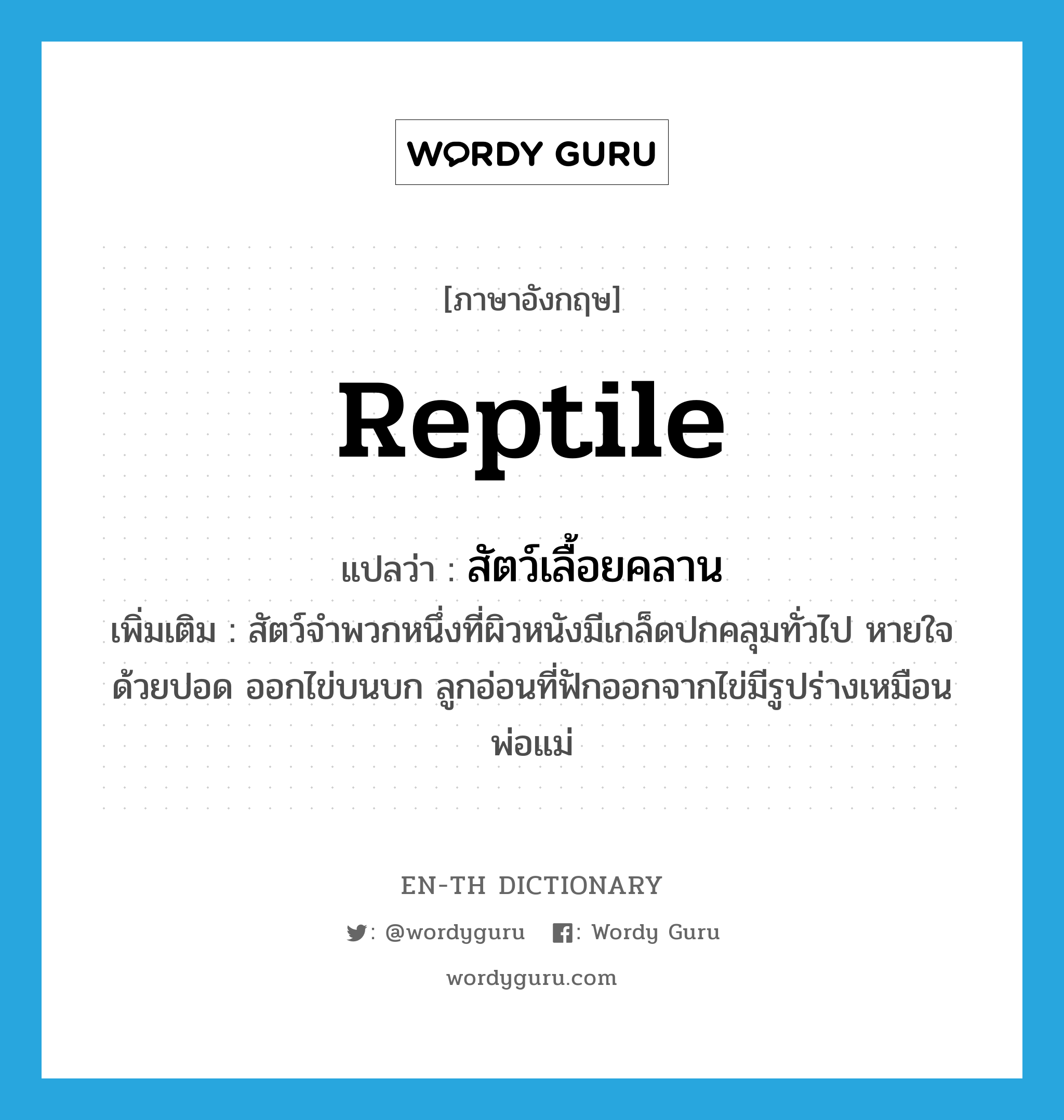 reptile แปลว่า?, คำศัพท์ภาษาอังกฤษ reptile แปลว่า สัตว์เลื้อยคลาน ประเภท N เพิ่มเติม สัตว์จำพวกหนึ่งที่ผิวหนังมีเกล็ดปกคลุมทั่วไป หายใจด้วยปอด ออกไข่บนบก ลูกอ่อนที่ฟักออกจากไข่มีรูปร่างเหมือนพ่อแม่ หมวด N