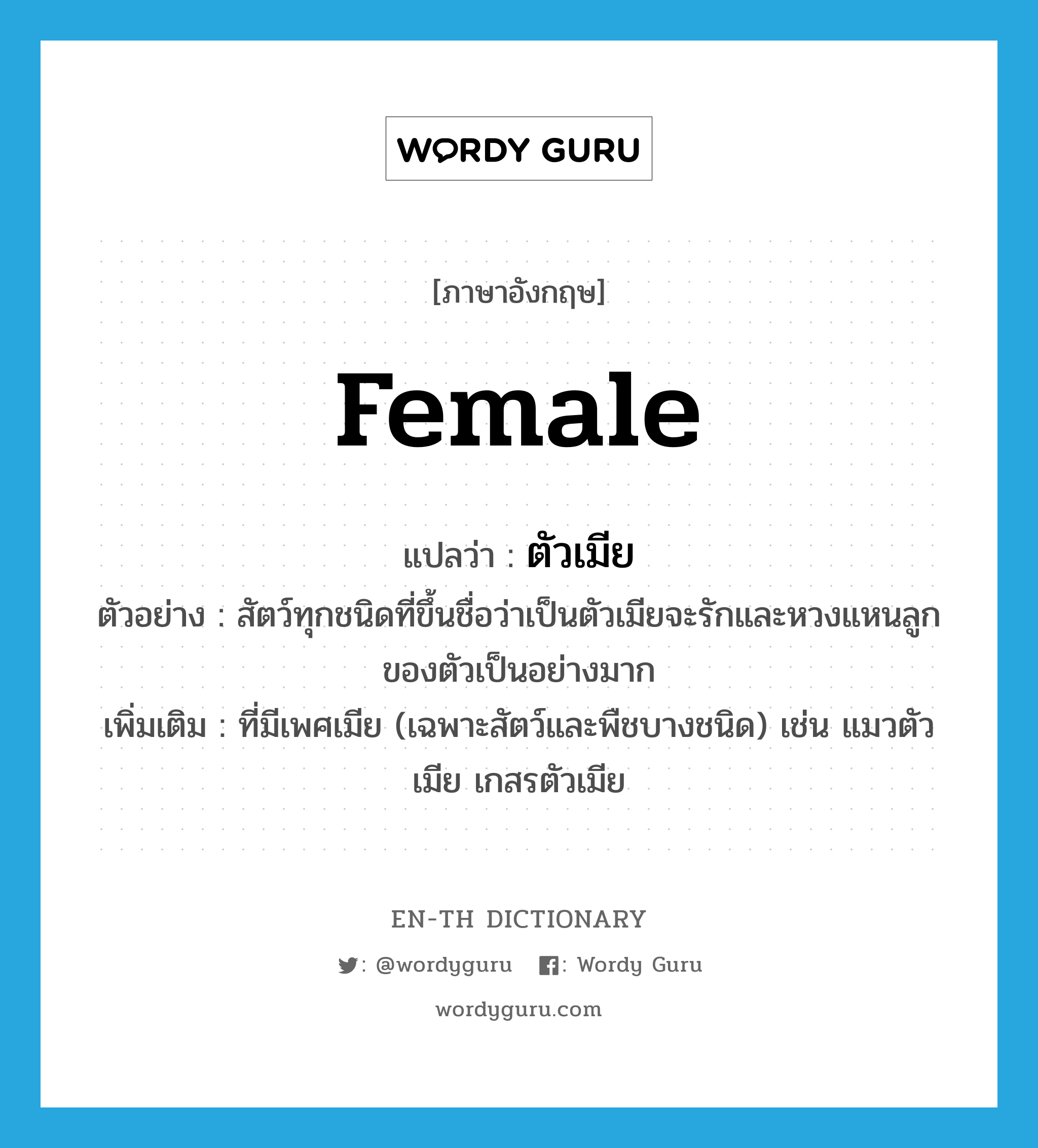 female แปลว่า?, คำศัพท์ภาษาอังกฤษ female แปลว่า ตัวเมีย ประเภท N ตัวอย่าง สัตว์ทุกชนิดที่ขึ้นชื่อว่าเป็นตัวเมียจะรักและหวงแหนลูกของตัวเป็นอย่างมาก เพิ่มเติม ที่มีเพศเมีย (เฉพาะสัตว์และพืชบางชนิด) เช่น แมวตัวเมีย เกสรตัวเมีย หมวด N