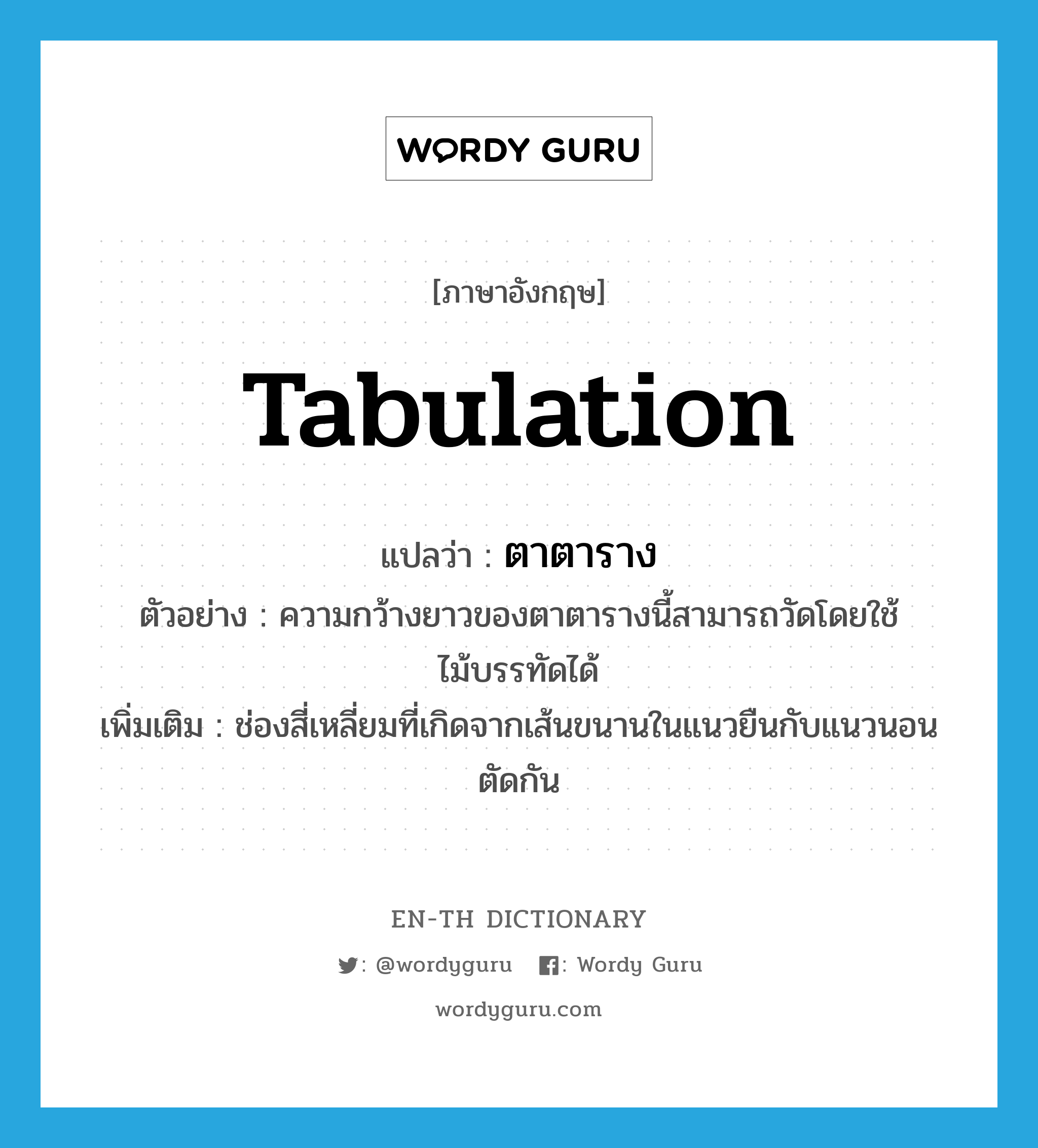 tabulation แปลว่า?, คำศัพท์ภาษาอังกฤษ tabulation แปลว่า ตาตาราง ประเภท N ตัวอย่าง ความกว้างยาวของตาตารางนี้สามารถวัดโดยใช้ไม้บรรทัดได้ เพิ่มเติม ช่องสี่เหลี่ยมที่เกิดจากเส้นขนานในแนวยืนกับแนวนอนตัดกัน หมวด N