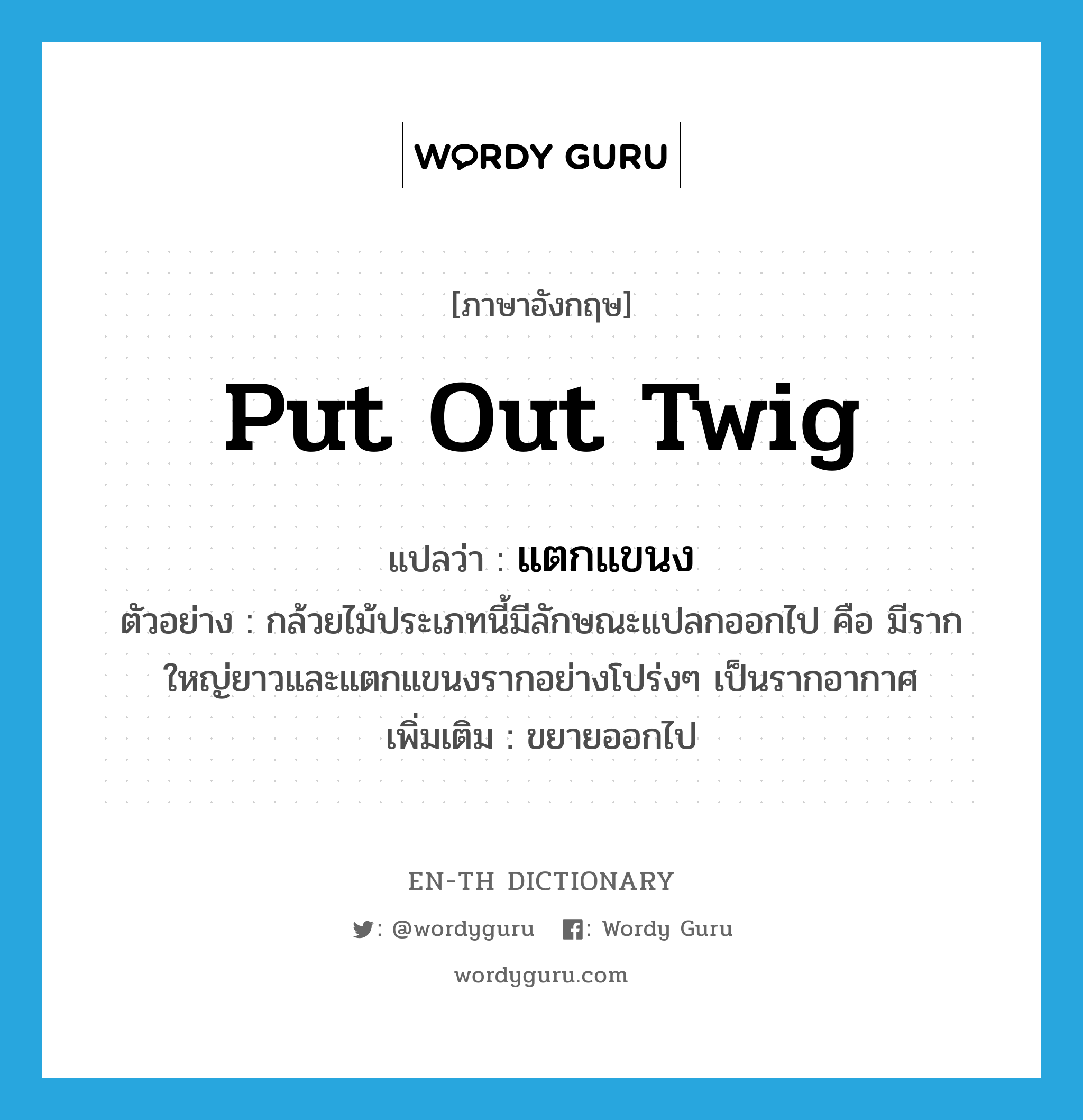 put out twig แปลว่า?, คำศัพท์ภาษาอังกฤษ put out twig แปลว่า แตกแขนง ประเภท V ตัวอย่าง กล้วยไม้ประเภทนี้มีลักษณะแปลกออกไป คือ มีรากใหญ่ยาวและแตกแขนงรากอย่างโปร่งๆ เป็นรากอากาศ เพิ่มเติม ขยายออกไป หมวด V