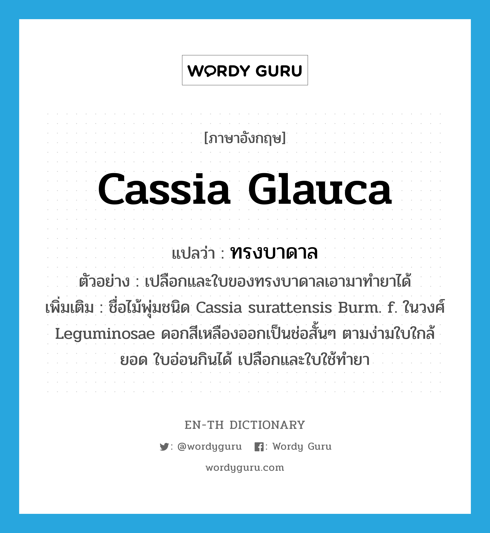 Cassia glauca แปลว่า?, คำศัพท์ภาษาอังกฤษ Cassia glauca แปลว่า ทรงบาดาล ประเภท N ตัวอย่าง เปลือกและใบของทรงบาดาลเอามาทำยาได้ เพิ่มเติม ชื่อไม้พุ่มชนิด Cassia surattensis Burm. f. ในวงศ์ Leguminosae ดอกสีเหลืองออกเป็นช่อสั้นๆ ตามง่ามใบใกล้ยอด ใบอ่อนกินได้ เปลือกและใบใช้ทำยา หมวด N