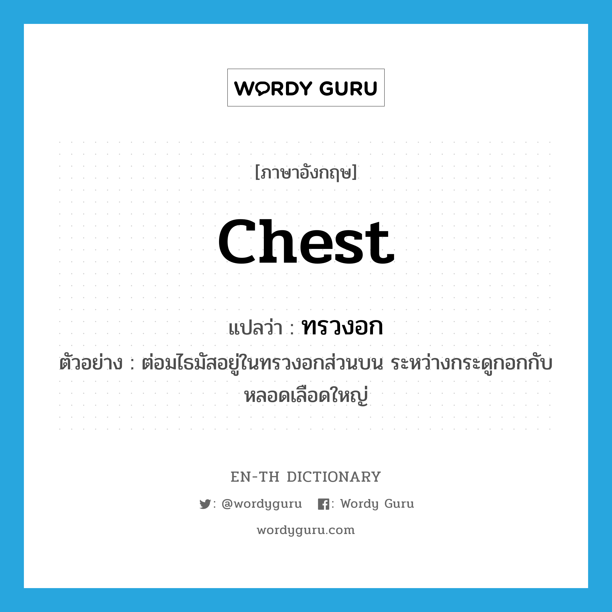 chest แปลว่า?, คำศัพท์ภาษาอังกฤษ chest แปลว่า ทรวงอก ประเภท N ตัวอย่าง ต่อมไธมัสอยู่ในทรวงอกส่วนบน ระหว่างกระดูกอกกับหลอดเลือดใหญ่ หมวด N