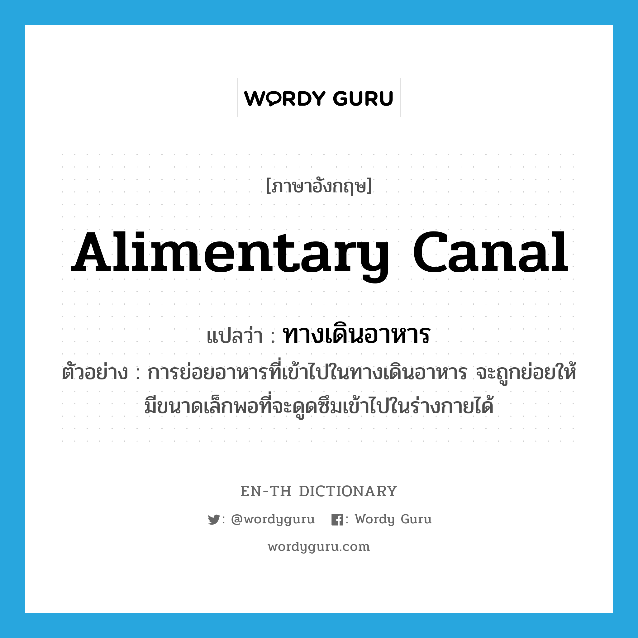 alimentary canal แปลว่า?, คำศัพท์ภาษาอังกฤษ alimentary canal แปลว่า ทางเดินอาหาร ประเภท N ตัวอย่าง การย่อยอาหารที่เข้าไปในทางเดินอาหาร จะถูกย่อยให้มีขนาดเล็กพอที่จะดูดซึมเข้าไปในร่างกายได้ หมวด N