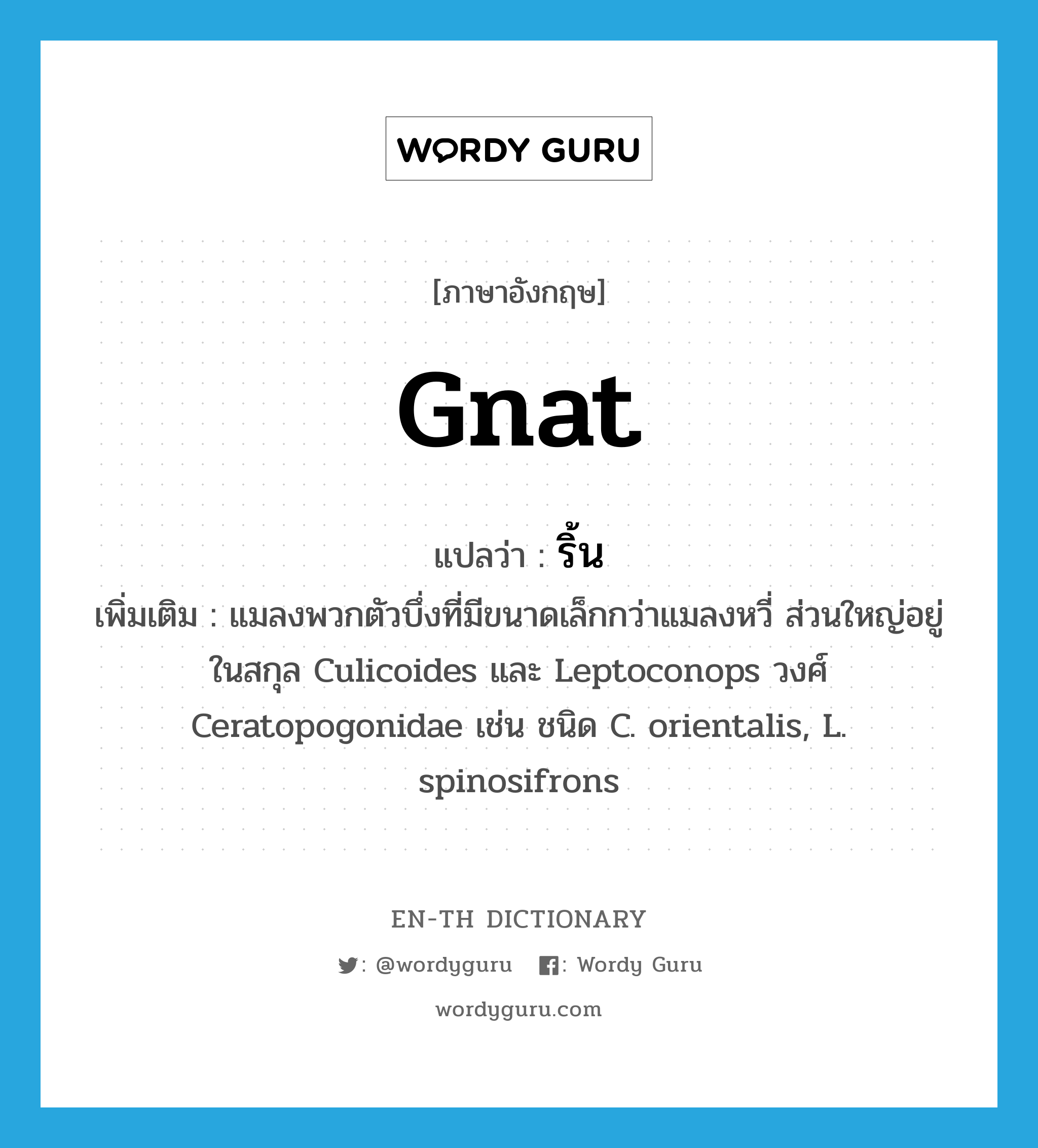 gnat แปลว่า?, คำศัพท์ภาษาอังกฤษ gnat แปลว่า ริ้น ประเภท N เพิ่มเติม แมลงพวกตัวบึ่งที่มีขนาดเล็กกว่าแมลงหวี่ ส่วนใหญ่อยู่ในสกุล Culicoides และ Leptoconops วงศ์ Ceratopogonidae เช่น ชนิด C. orientalis, L. spinosifrons หมวด N