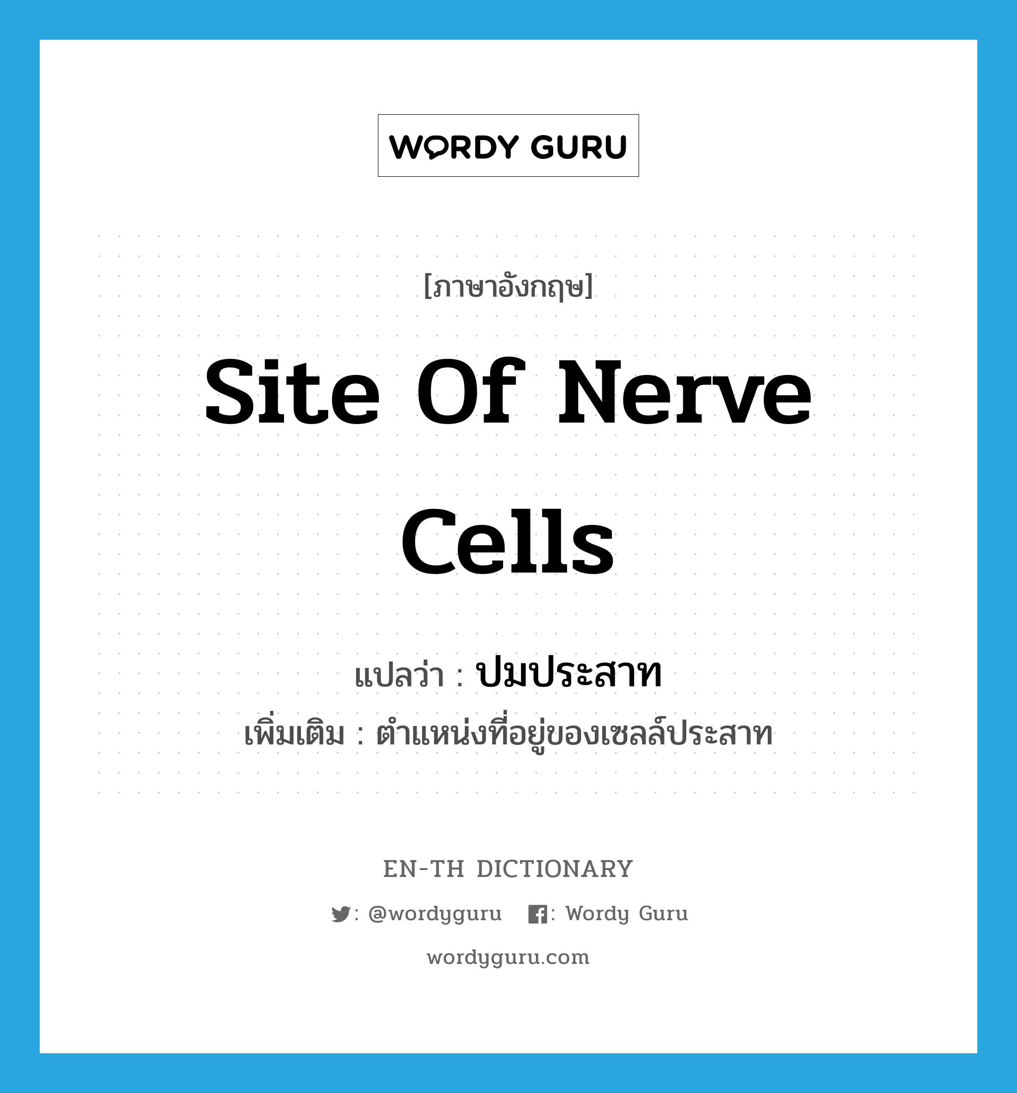 site of nerve cells แปลว่า?, คำศัพท์ภาษาอังกฤษ site of nerve cells แปลว่า ปมประสาท ประเภท N เพิ่มเติม ตำแหน่งที่อยู่ของเซลล์ประสาท หมวด N