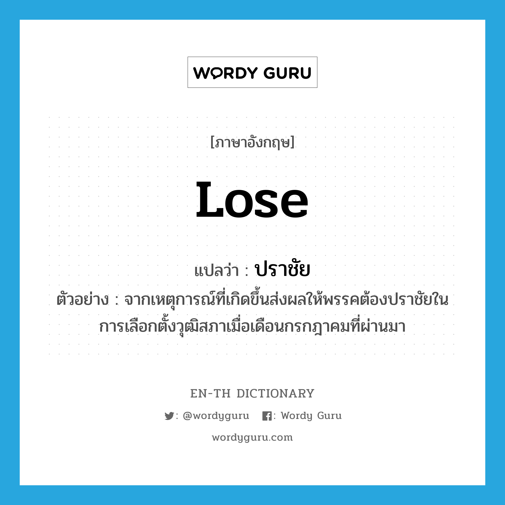 lose แปลว่า?, คำศัพท์ภาษาอังกฤษ lose แปลว่า ปราชัย ประเภท V ตัวอย่าง จากเหตุการณ์ที่เกิดขึ้นส่งผลให้พรรคต้องปราชัยในการเลือกตั้งวุฒิสภาเมื่อเดือนกรกฎาคมที่ผ่านมา หมวด V