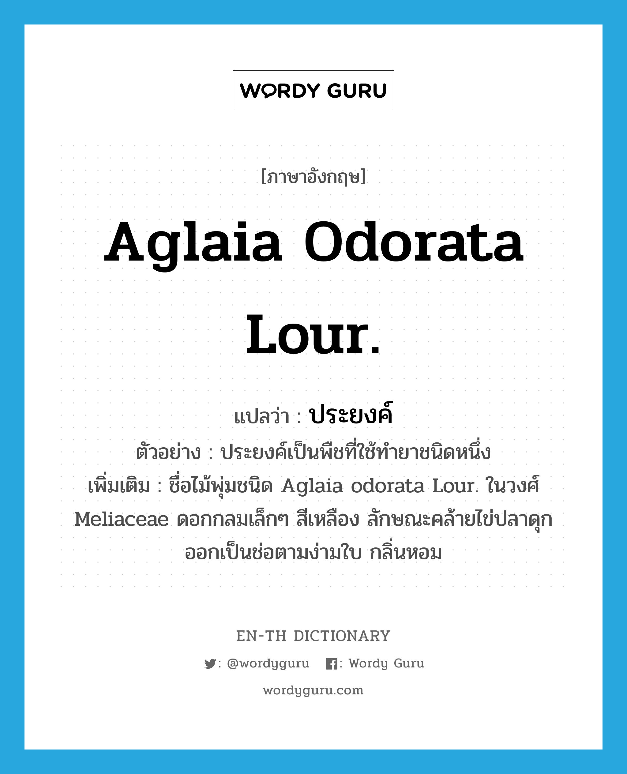 Aglaia odorata Lour. แปลว่า?, คำศัพท์ภาษาอังกฤษ Aglaia odorata Lour. แปลว่า ประยงค์ ประเภท N ตัวอย่าง ประยงค์เป็นพืชที่ใช้ทำยาชนิดหนึ่ง เพิ่มเติม ชื่อไม้พุ่มชนิด Aglaia odorata Lour. ในวงศ์ Meliaceae ดอกกลมเล็กๆ สีเหลือง ลักษณะคล้ายไข่ปลาดุก ออกเป็นช่อตามง่ามใบ กลิ่นหอม หมวด N