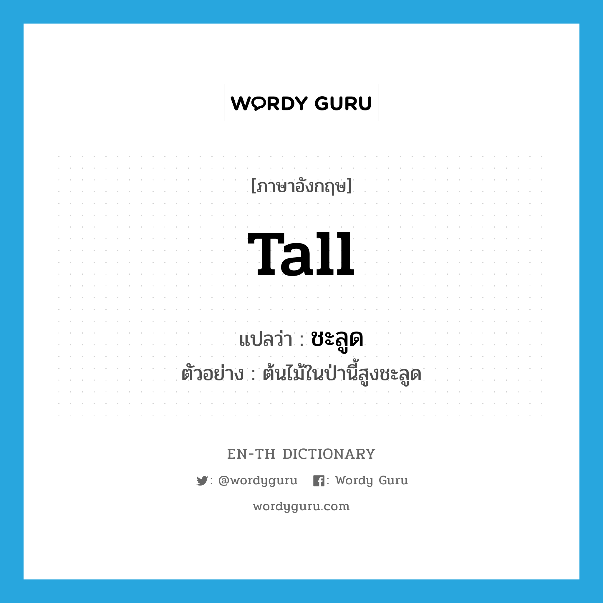 tall แปลว่า?, คำศัพท์ภาษาอังกฤษ tall แปลว่า ชะลูด ประเภท ADV ตัวอย่าง ต้นไม้ในป่านี้สูงชะลูด หมวด ADV