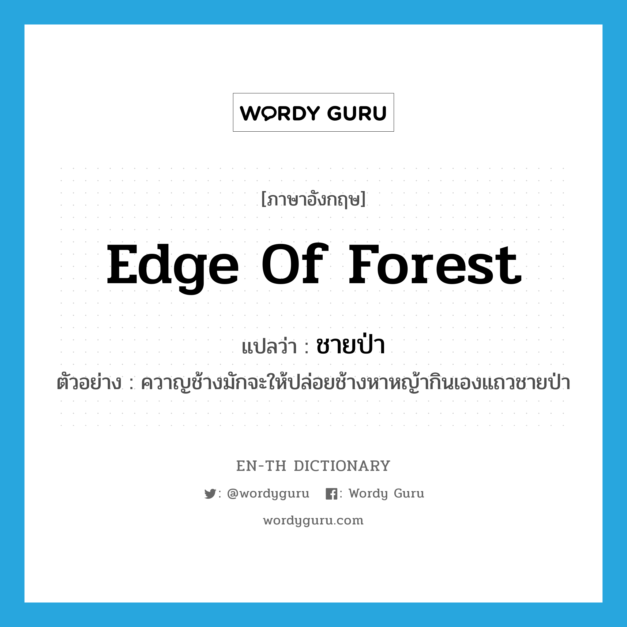 edge of forest แปลว่า?, คำศัพท์ภาษาอังกฤษ edge of forest แปลว่า ชายป่า ประเภท N ตัวอย่าง ควาญช้างมักจะให้ปล่อยช้างหาหญ้ากินเองแถวชายป่า หมวด N