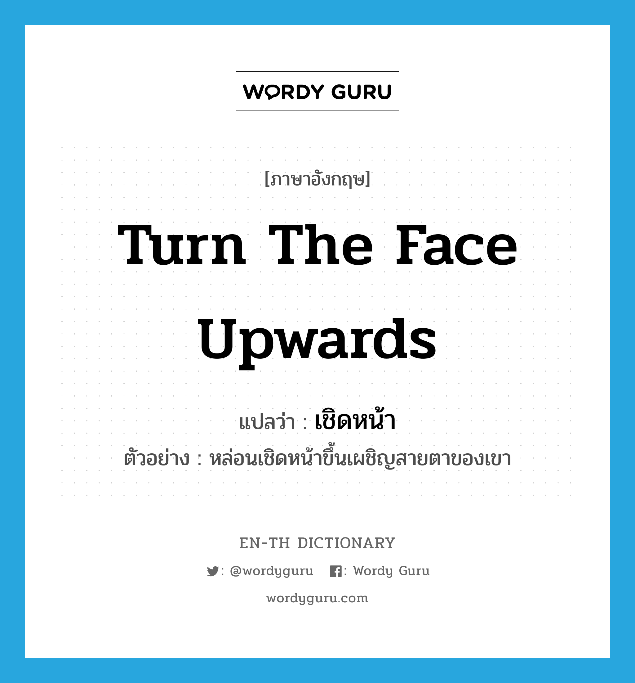 turn the face upwards แปลว่า?, คำศัพท์ภาษาอังกฤษ turn the face upwards แปลว่า เชิดหน้า ประเภท V ตัวอย่าง หล่อนเชิดหน้าขึ้นเผชิญสายตาของเขา หมวด V