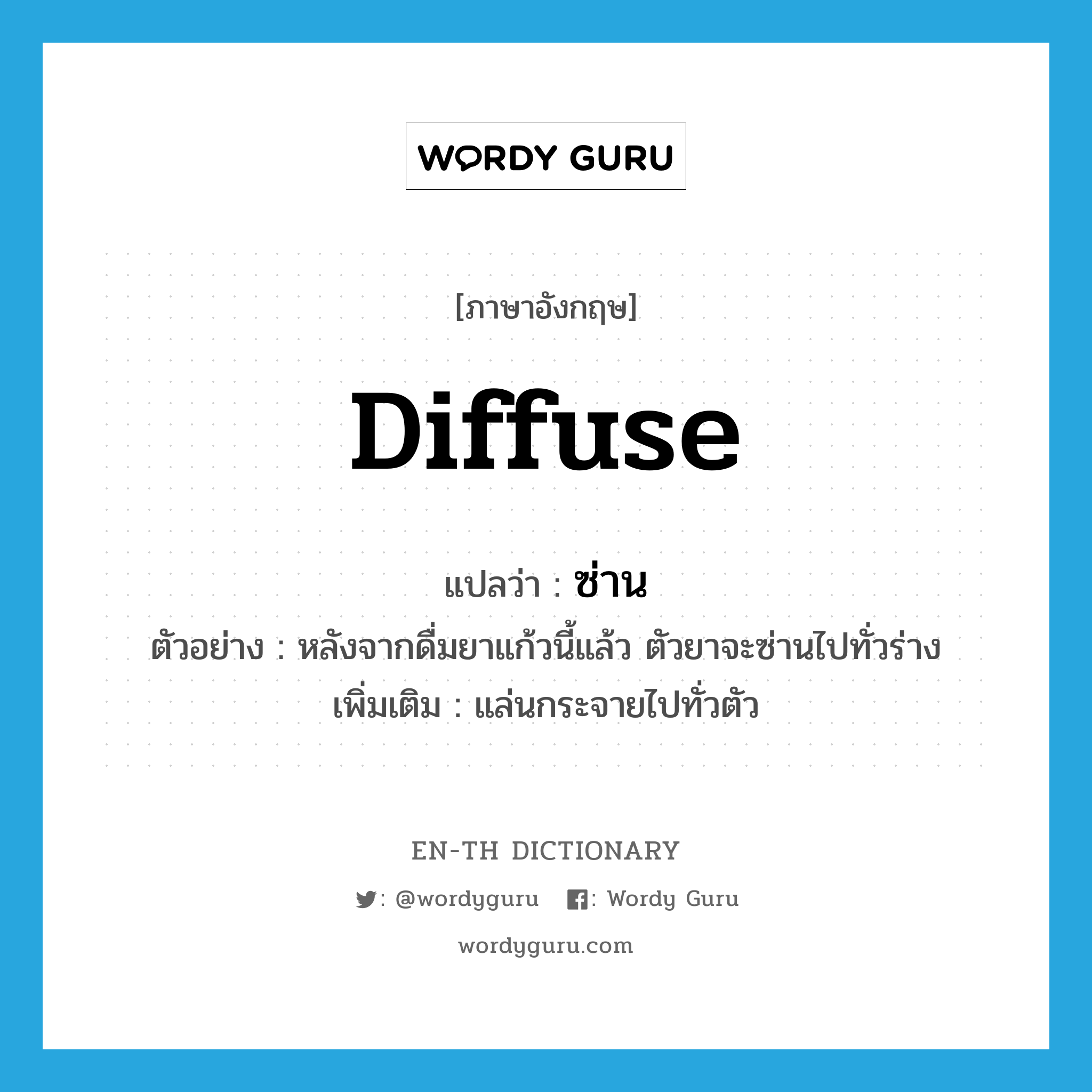 diffuse แปลว่า?, คำศัพท์ภาษาอังกฤษ diffuse แปลว่า ซ่าน ประเภท V ตัวอย่าง หลังจากดื่มยาแก้วนี้แล้ว ตัวยาจะซ่านไปทั่วร่าง เพิ่มเติม แล่นกระจายไปทั่วตัว หมวด V