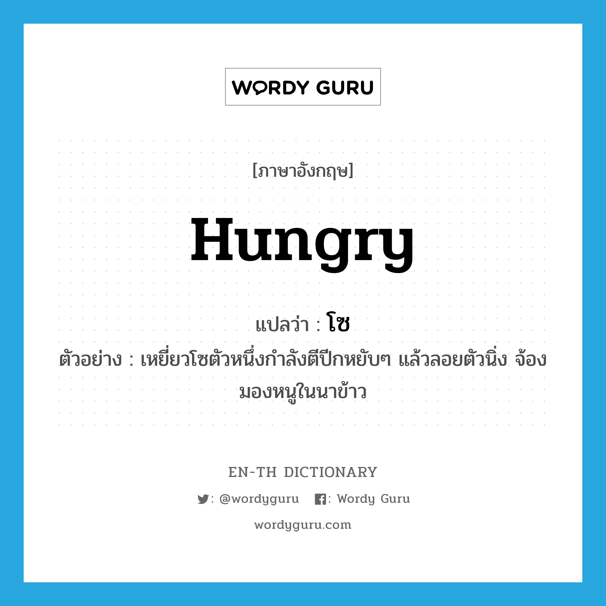 hungry แปลว่า?, คำศัพท์ภาษาอังกฤษ hungry แปลว่า โซ ประเภท ADJ ตัวอย่าง เหยี่ยวโซตัวหนึ่งกำลังตีปีกหยับๆ แล้วลอยตัวนิ่ง จ้องมองหนูในนาข้าว หมวด ADJ