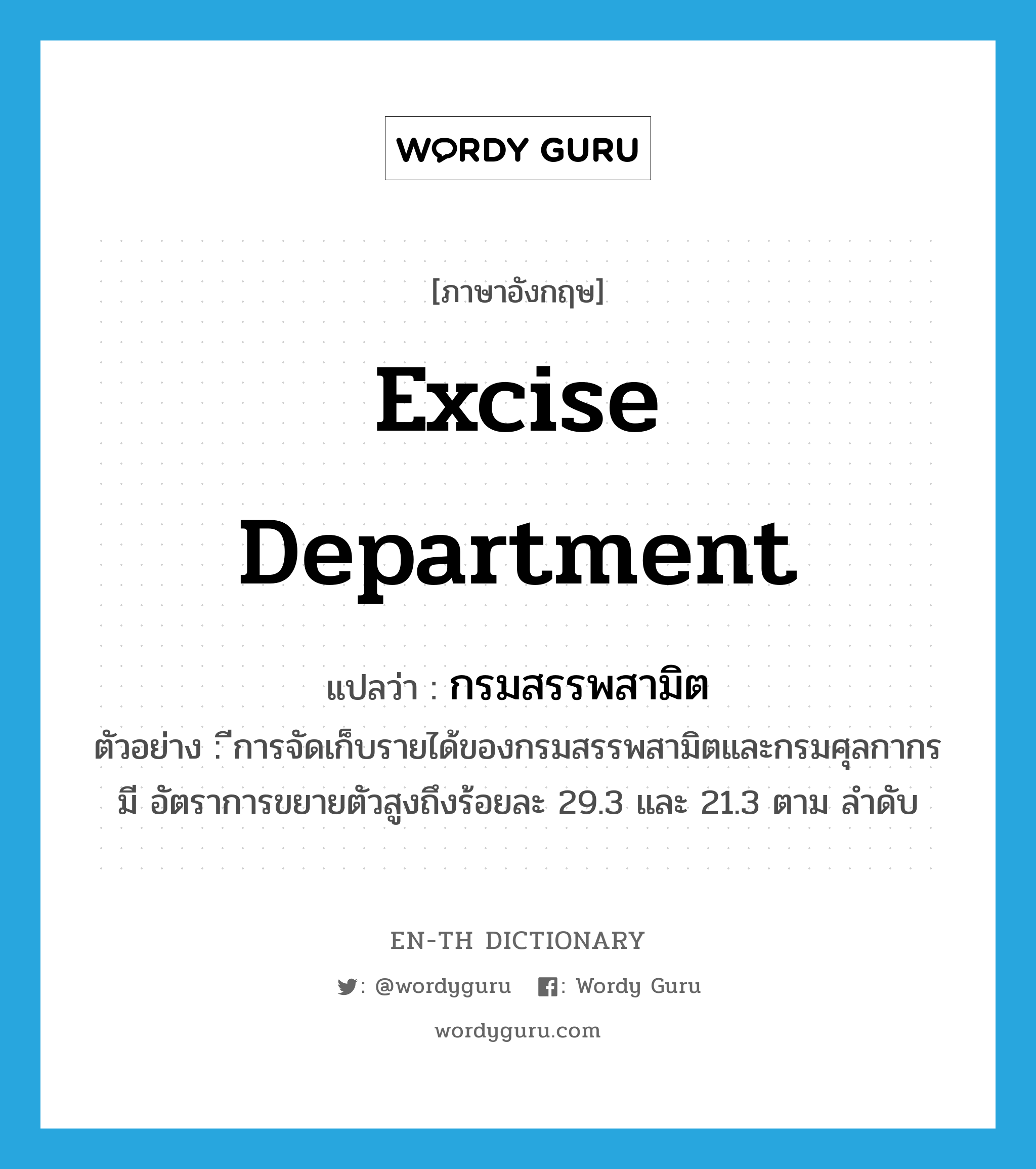 Excise Department แปลว่า?, คำศัพท์ภาษาอังกฤษ Excise Department แปลว่า กรมสรรพสามิต ประเภท N ตัวอย่าง ีการจัดเก็บรายได้ของกรมสรรพสามิตและกรมศุลกากรมี อัตราการขยายตัวสูงถึงร้อยละ 29.3 และ 21.3 ตาม ลำดับ หมวด N