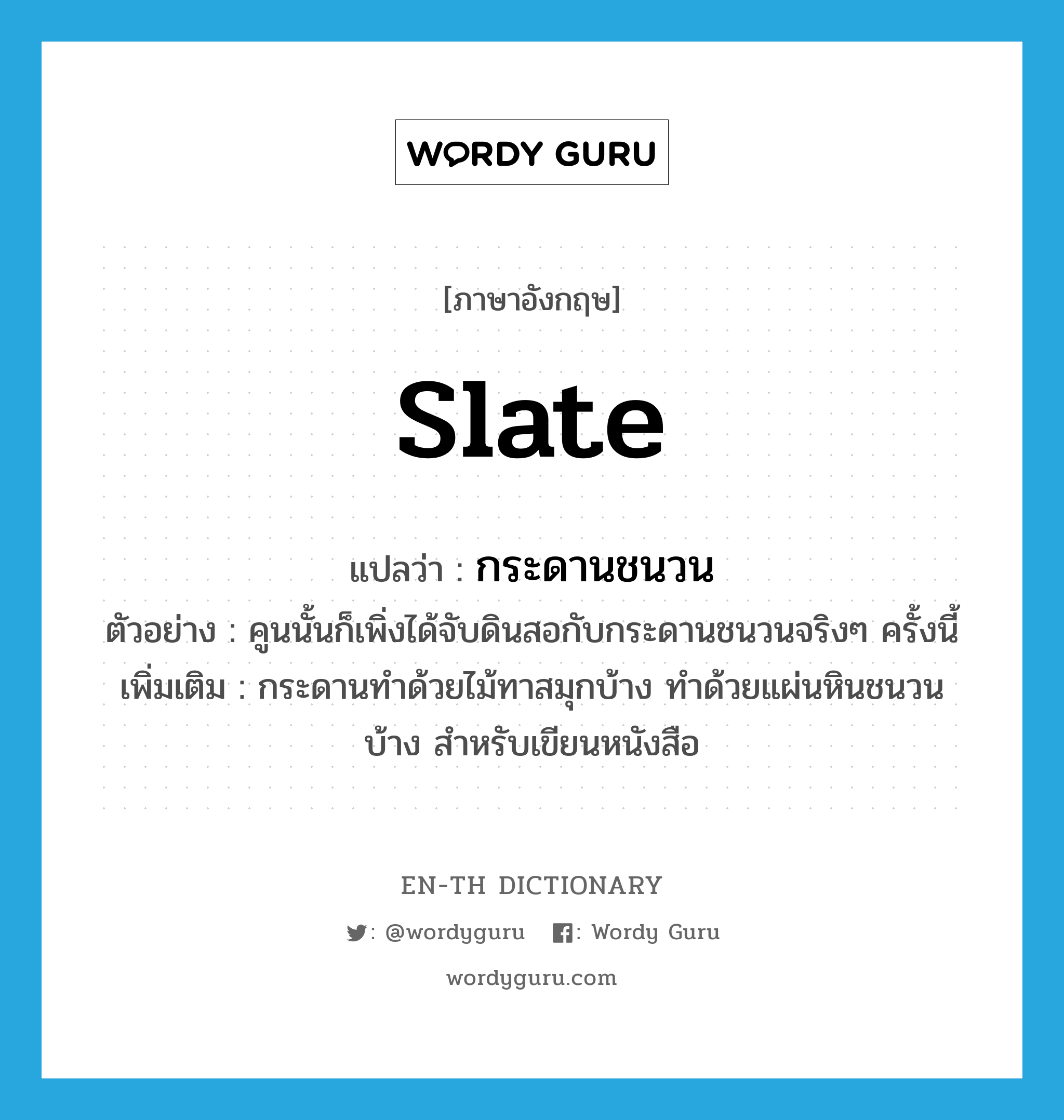 slate แปลว่า?, คำศัพท์ภาษาอังกฤษ slate แปลว่า กระดานชนวน ประเภท N ตัวอย่าง คูนนั้นก็เพิ่งได้จับดินสอกับกระดานชนวนจริงๆ ครั้งนี้ เพิ่มเติม กระดานทำด้วยไม้ทาสมุกบ้าง ทำด้วยแผ่นหินชนวนบ้าง สำหรับเขียนหนังสือ หมวด N