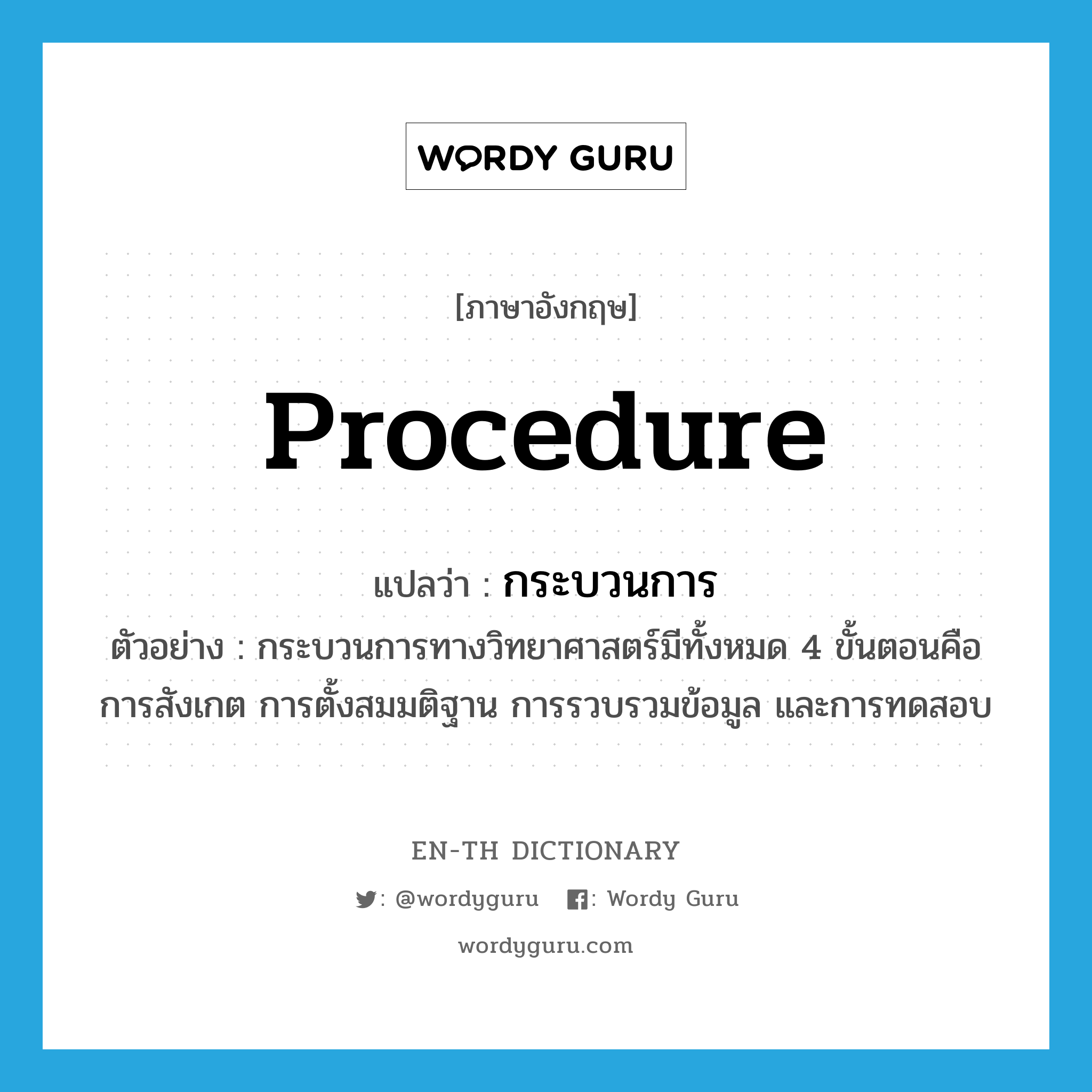 procedure แปลว่า?, คำศัพท์ภาษาอังกฤษ procedure แปลว่า กระบวนการ ประเภท N ตัวอย่าง กระบวนการทางวิทยาศาสตร์มีทั้งหมด 4 ขั้นตอนคือ การสังเกต การตั้งสมมติฐาน การรวบรวมข้อมูล และการทดสอบ หมวด N