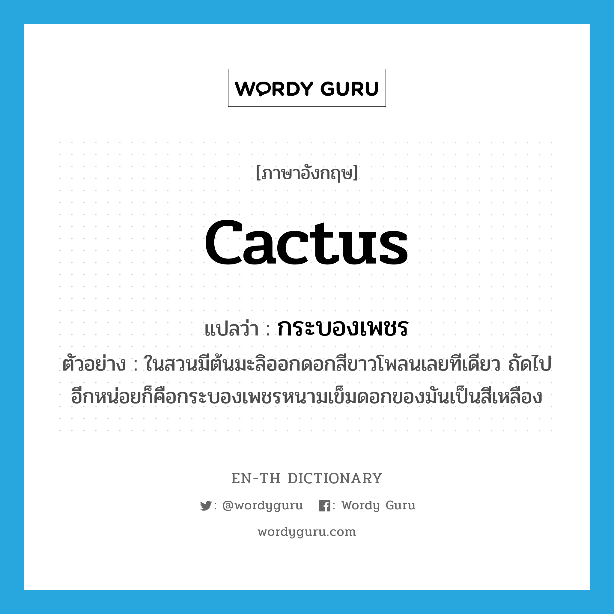 cactus แปลว่า?, คำศัพท์ภาษาอังกฤษ cactus แปลว่า กระบองเพชร ประเภท N ตัวอย่าง ในสวนมีต้นมะลิออกดอกสีขาวโพลนเลยทีเดียว ถัดไปอีกหน่อยก็คือกระบองเพชรหนามเข็มดอกของมันเป็นสีเหลือง หมวด N