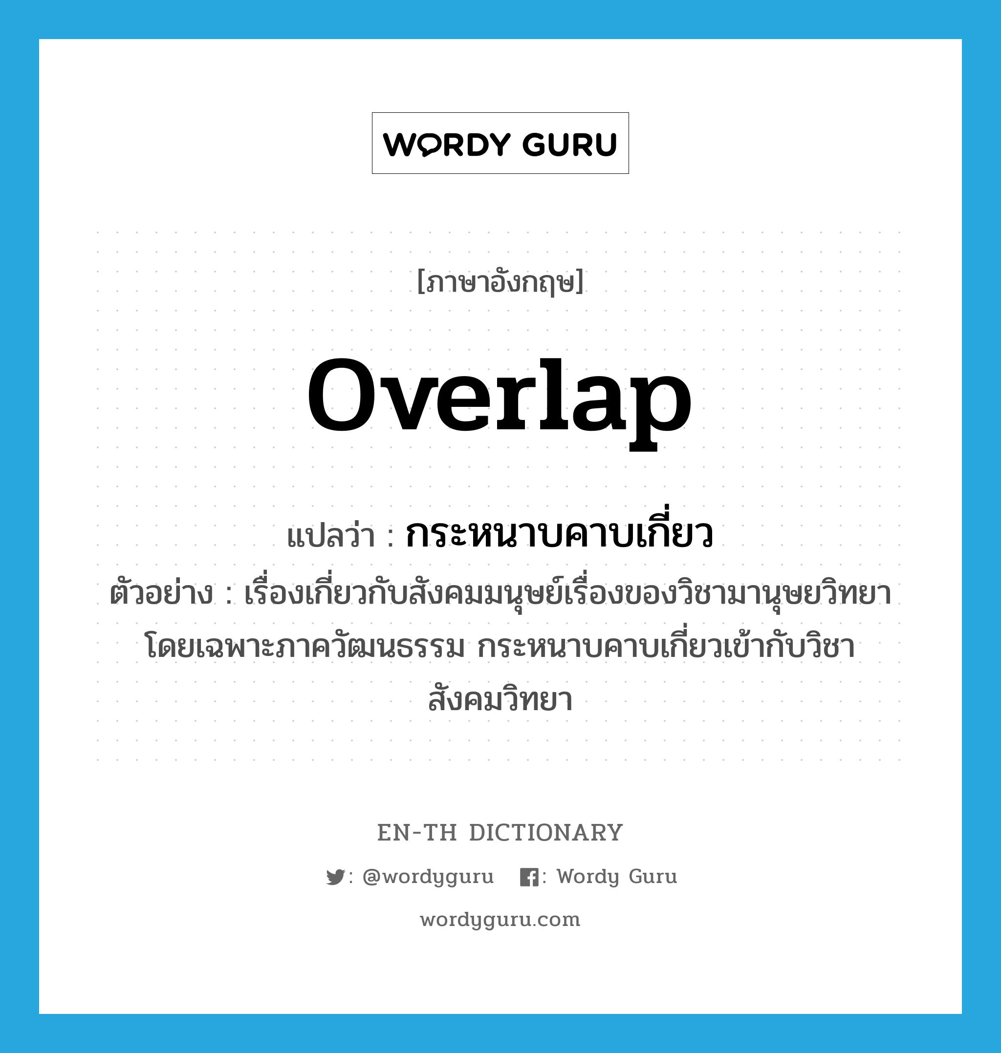 overlap แปลว่า?, คำศัพท์ภาษาอังกฤษ overlap แปลว่า กระหนาบคาบเกี่ยว ประเภท V ตัวอย่าง เรื่องเกี่ยวกับสังคมมนุษย์เรื่องของวิชามานุษยวิทยา โดยเฉพาะภาควัฒนธรรม กระหนาบคาบเกี่ยวเข้ากับวิชาสังคมวิทยา หมวด V