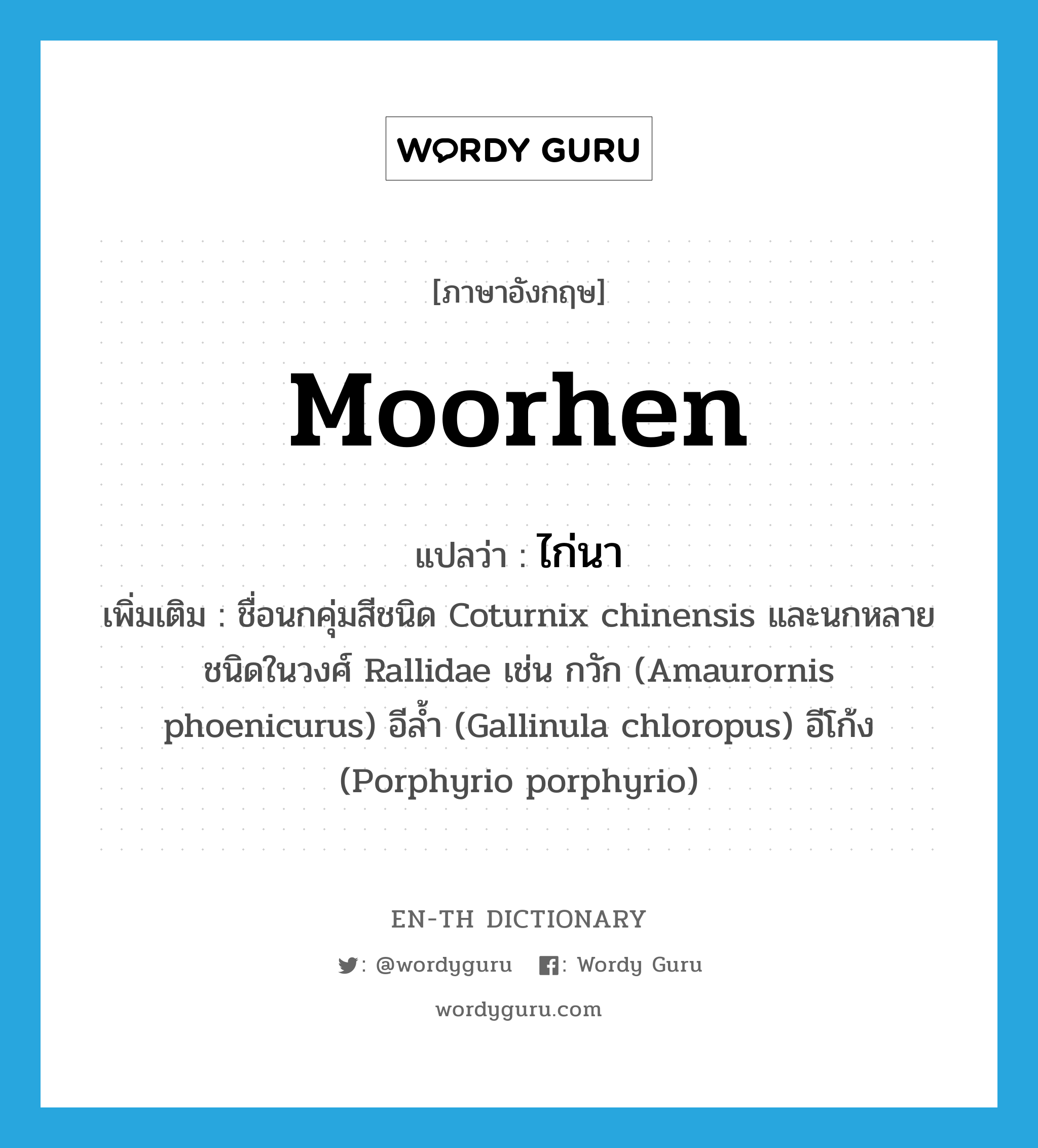 moorhen แปลว่า?, คำศัพท์ภาษาอังกฤษ moorhen แปลว่า ไก่นา ประเภท N เพิ่มเติม ชื่อนกคุ่มสีชนิด Coturnix chinensis และนกหลายชนิดในวงศ์ Rallidae เช่น กวัก (Amaurornis phoenicurus) อีล้ำ (Gallinula chloropus) อีโก้ง (Porphyrio porphyrio) หมวด N