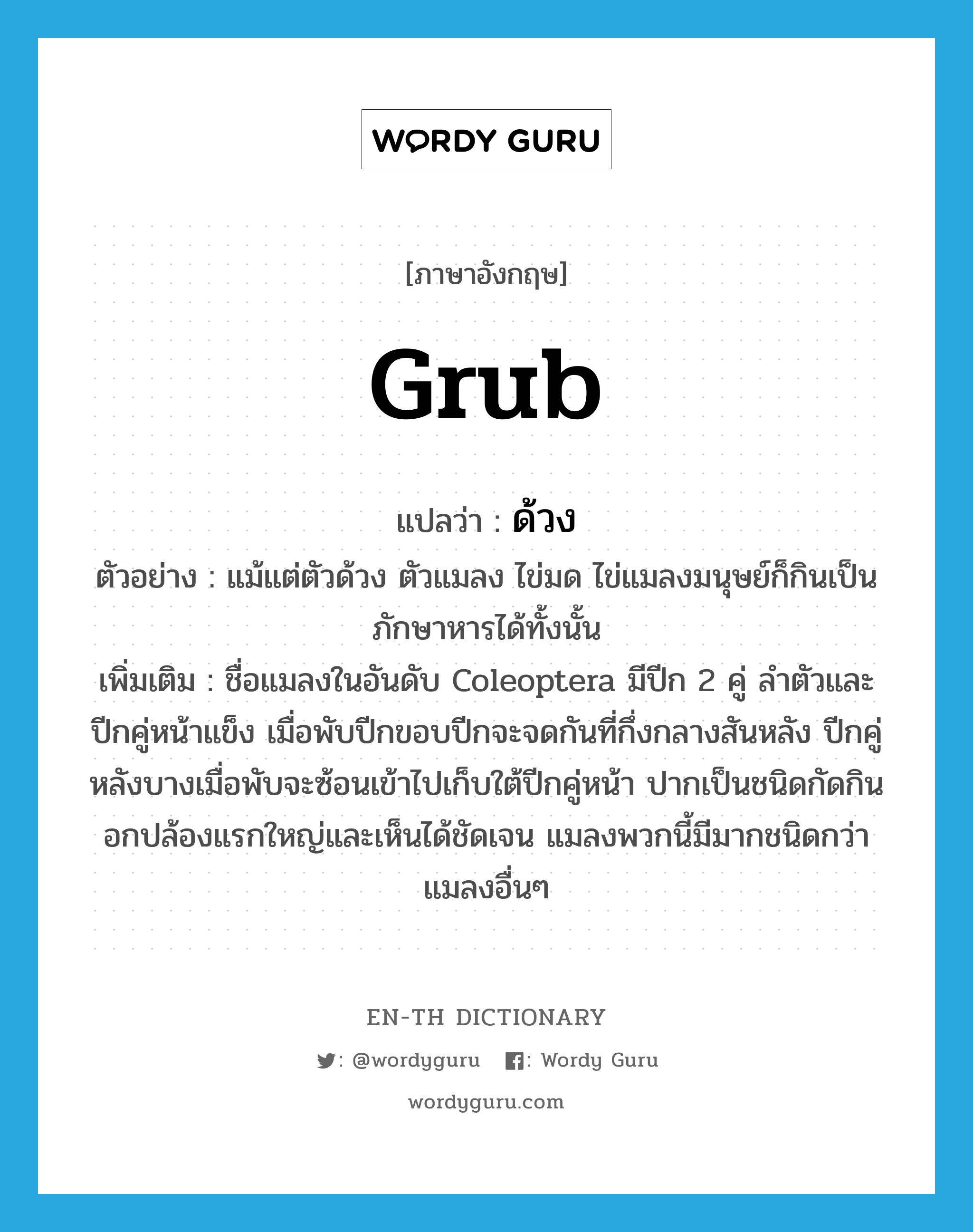 grub แปลว่า?, คำศัพท์ภาษาอังกฤษ grub แปลว่า ด้วง ประเภท N ตัวอย่าง แม้แต่ตัวด้วง ตัวแมลง ไข่มด ไข่แมลงมนุษย์ก็กินเป็นภักษาหารได้ทั้งนั้น เพิ่มเติม ชื่อแมลงในอันดับ Coleoptera มีปีก 2 คู่ ลำตัวและปีกคู่หน้าแข็ง เมื่อพับปีกขอบปีกจะจดกันที่กึ่งกลางสันหลัง ปีกคู่หลังบางเมื่อพับจะซ้อนเข้าไปเก็บใต้ปีกคู่หน้า ปากเป็นชนิดกัดกิน อกปล้องแรกใหญ่และเห็นได้ชัดเจน แมลงพวกนี้มีมากชนิดกว่าแมลงอื่นๆ หมวด N