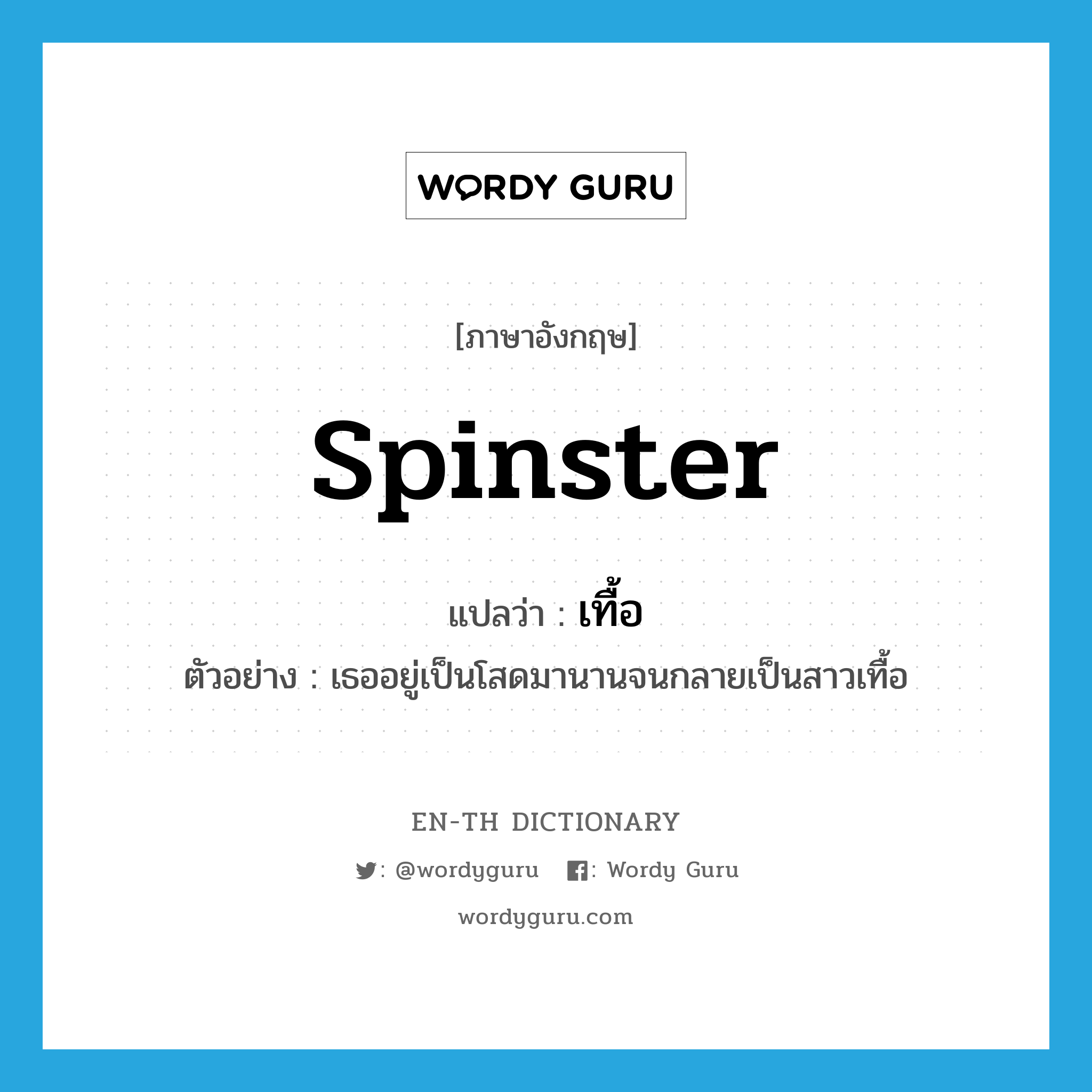 spinster แปลว่า?, คำศัพท์ภาษาอังกฤษ spinster แปลว่า เทื้อ ประเภท ADJ ตัวอย่าง เธออยู่เป็นโสดมานานจนกลายเป็นสาวเทื้อ หมวด ADJ