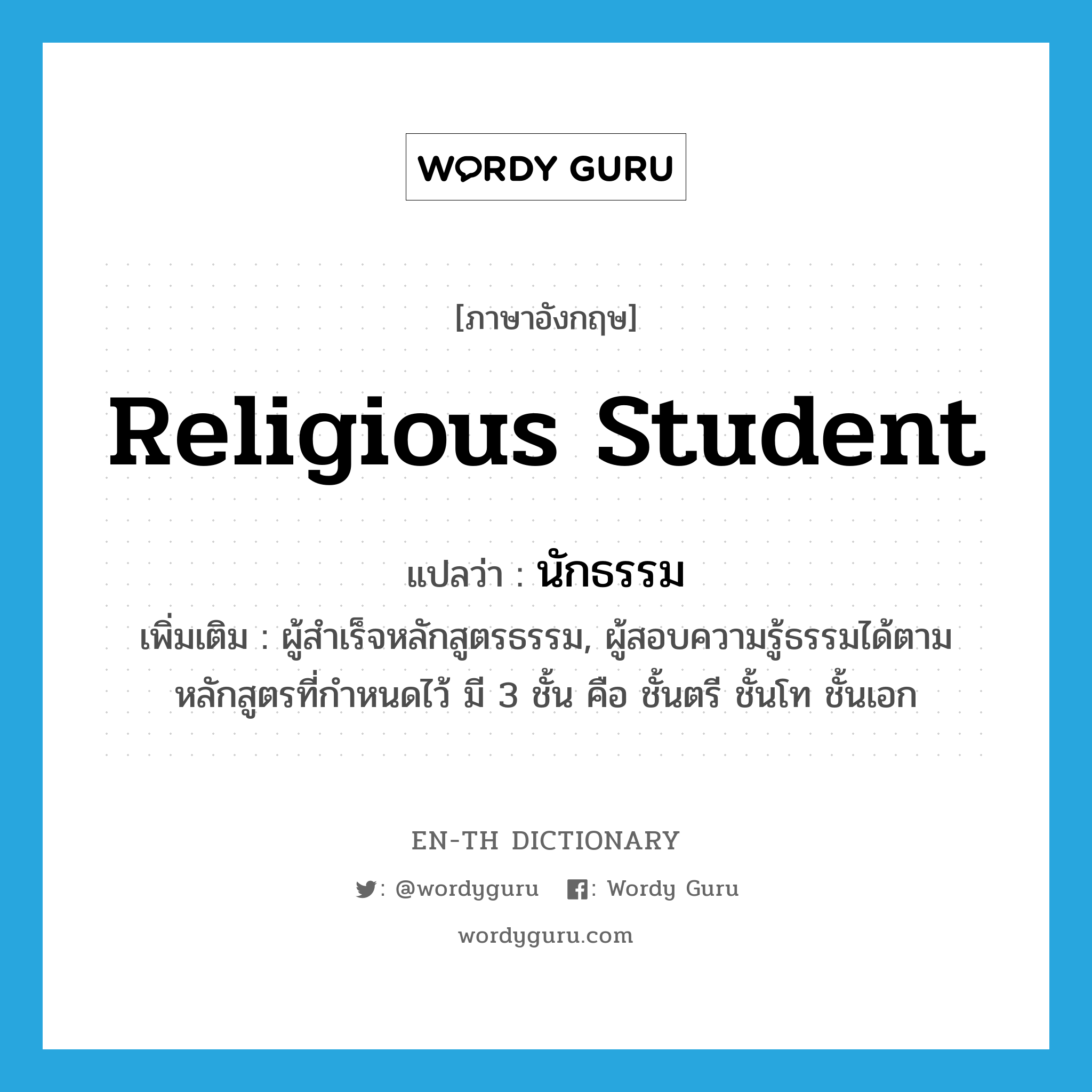 religious student แปลว่า?, คำศัพท์ภาษาอังกฤษ religious student แปลว่า นักธรรม ประเภท N เพิ่มเติม ผู้สำเร็จหลักสูตรธรรม, ผู้สอบความรู้ธรรมได้ตามหลักสูตรที่กำหนดไว้ มี 3 ชั้น คือ ชั้นตรี ชั้นโท ชั้นเอก หมวด N