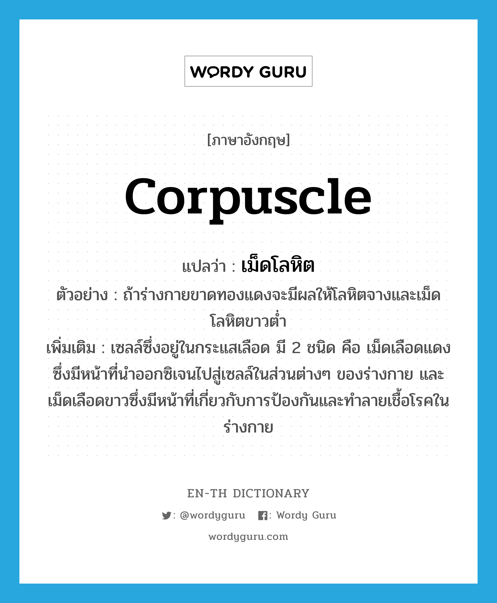 corpuscle แปลว่า?, คำศัพท์ภาษาอังกฤษ corpuscle แปลว่า เม็ดโลหิต ประเภท N ตัวอย่าง ถ้าร่างกายขาดทองแดงจะมีผลให้โลหิตจางและเม็ดโลหิตขาวต่ำ เพิ่มเติม เซลล์ซึ่งอยู่ในกระแสเลือด มี 2 ชนิด คือ เม็ดเลือดแดง ซึ่งมีหน้าที่นำออกซิเจนไปสู่เซลล์ในส่วนต่างๆ ของร่างกาย และเม็ดเลือดขาวซึ่งมีหน้าที่เกี่ยวกับการป้องกันและทำลายเชื้อโรคในร่างกาย หมวด N