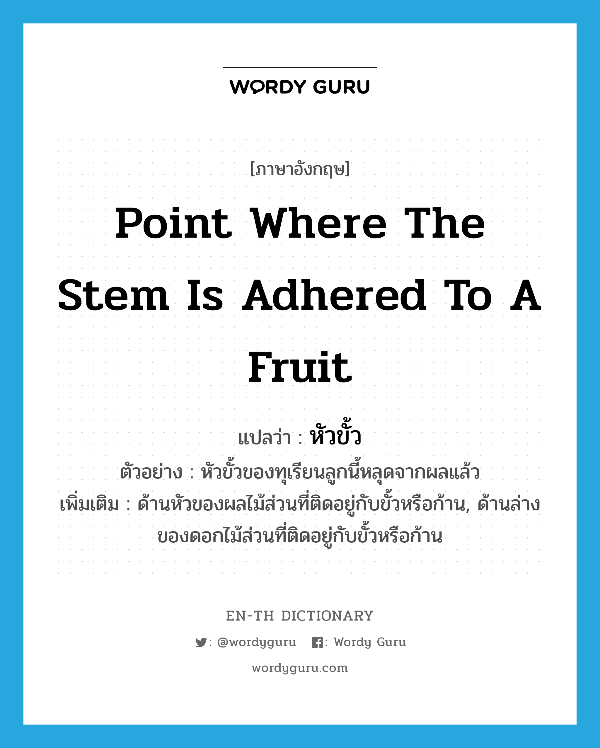 point where the stem is adhered to a fruit แปลว่า?, คำศัพท์ภาษาอังกฤษ point where the stem is adhered to a fruit แปลว่า หัวขั้ว ประเภท N ตัวอย่าง หัวขั้วของทุเรียนลูกนี้หลุดจากผลแล้ว เพิ่มเติม ด้านหัวของผลไม้ส่วนที่ติดอยู่กับขั้วหรือก้าน, ด้านล่างของดอกไม้ส่วนที่ติดอยู่กับขั้วหรือก้าน หมวด N