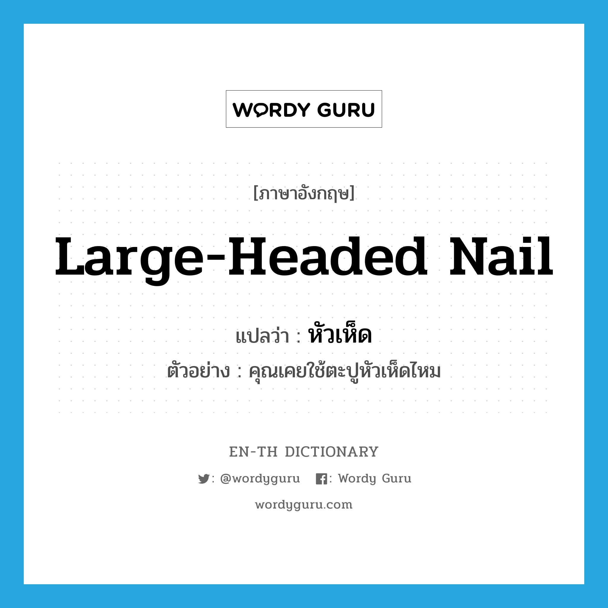 large headed nail แปลว่า?, คำศัพท์ภาษาอังกฤษ large-headed nail แปลว่า หัวเห็ด ประเภท N ตัวอย่าง คุณเคยใช้ตะปูหัวเห็ดไหม หมวด N