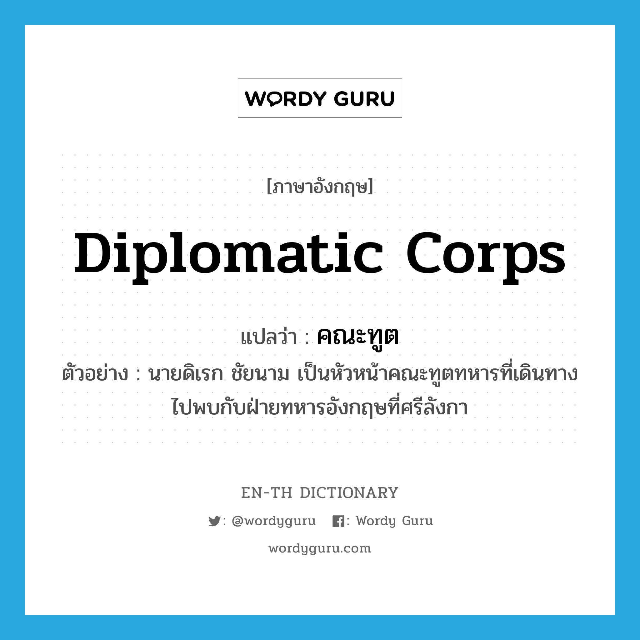 diplomatic corps แปลว่า?, คำศัพท์ภาษาอังกฤษ diplomatic corps แปลว่า คณะทูต ประเภท N ตัวอย่าง นายดิเรก ชัยนาม เป็นหัวหน้าคณะทูตทหารที่เดินทางไปพบกับฝ่ายทหารอังกฤษที่ศรีลังกา หมวด N