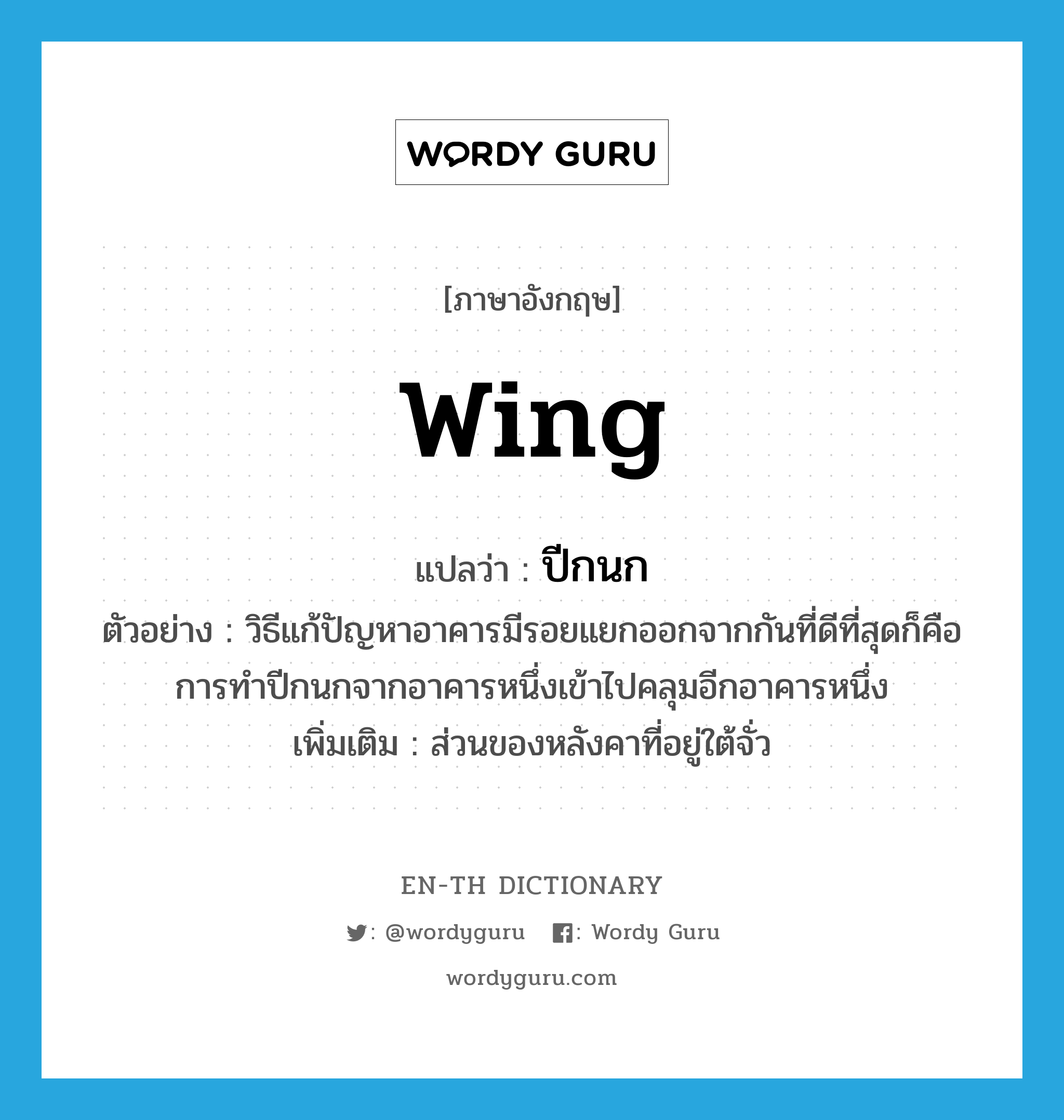 wing แปลว่า?, คำศัพท์ภาษาอังกฤษ wing แปลว่า ปีกนก ประเภท N ตัวอย่าง วิธีแก้ปัญหาอาคารมีรอยแยกออกจากกันที่ดีที่สุดก็คือการทำปีกนกจากอาคารหนึ่งเข้าไปคลุมอีกอาคารหนึ่ง เพิ่มเติม ส่วนของหลังคาที่อยู่ใต้จั่ว หมวด N