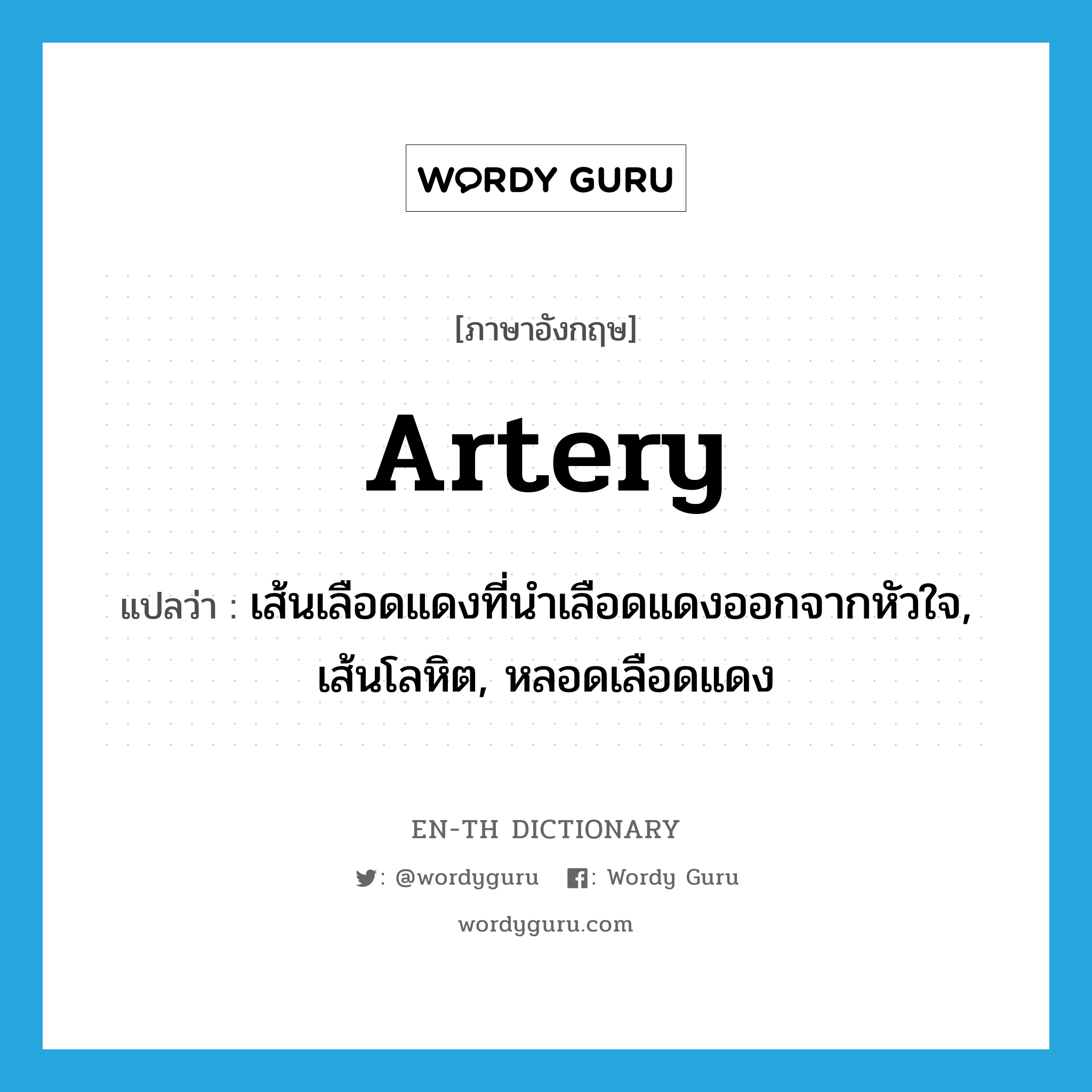 artery แปลว่า?, คำศัพท์ภาษาอังกฤษ artery แปลว่า เส้นเลือดแดงที่นำเลือดแดงออกจากหัวใจ, เส้นโลหิต, หลอดเลือดแดง ประเภท N หมวด N