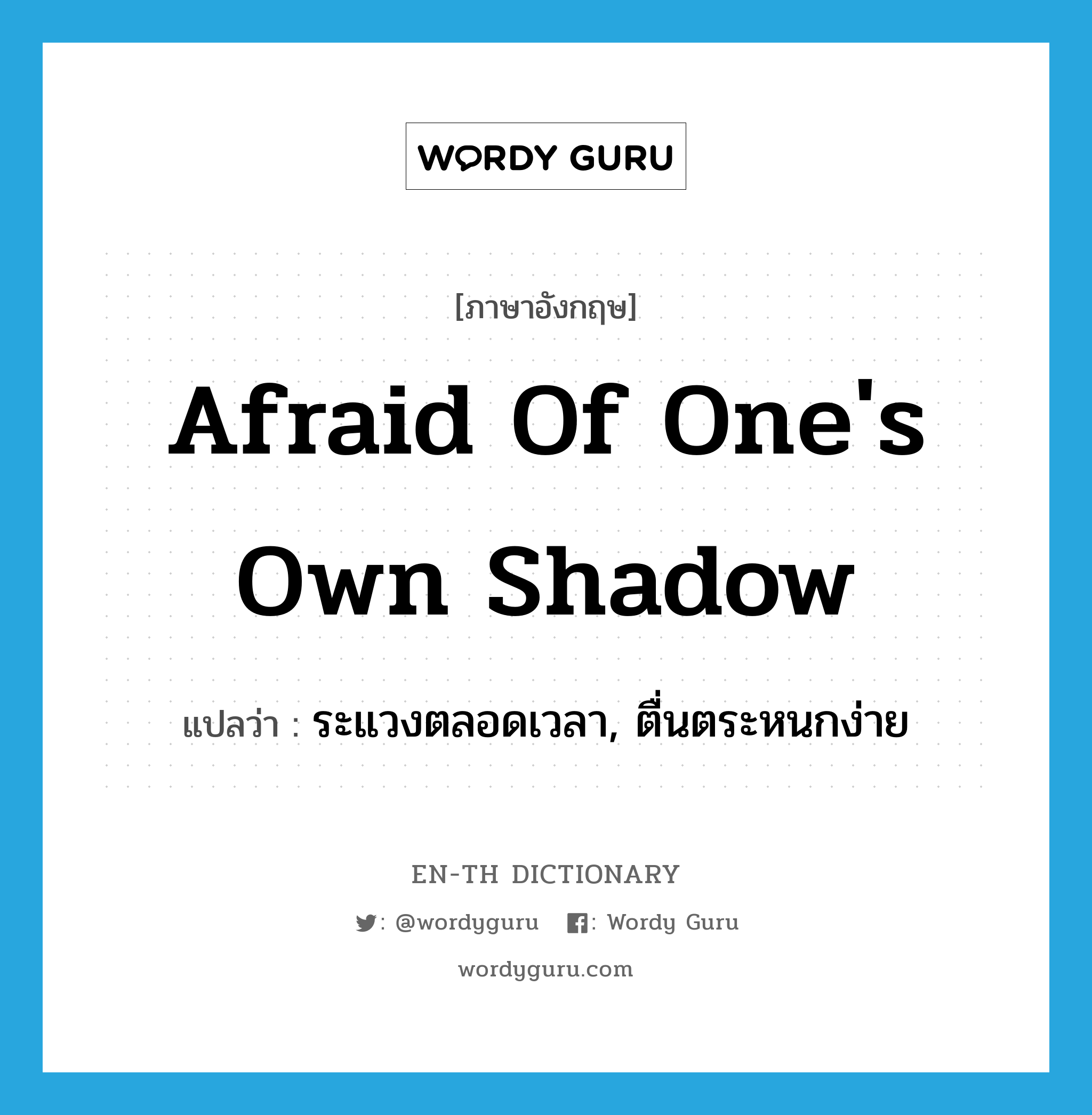 afraid of one&#39;s own shadow แปลว่า?, คำศัพท์ภาษาอังกฤษ afraid of one&#39;s own shadow แปลว่า ระแวงตลอดเวลา, ตื่นตระหนกง่าย ประเภท IDM หมวด IDM