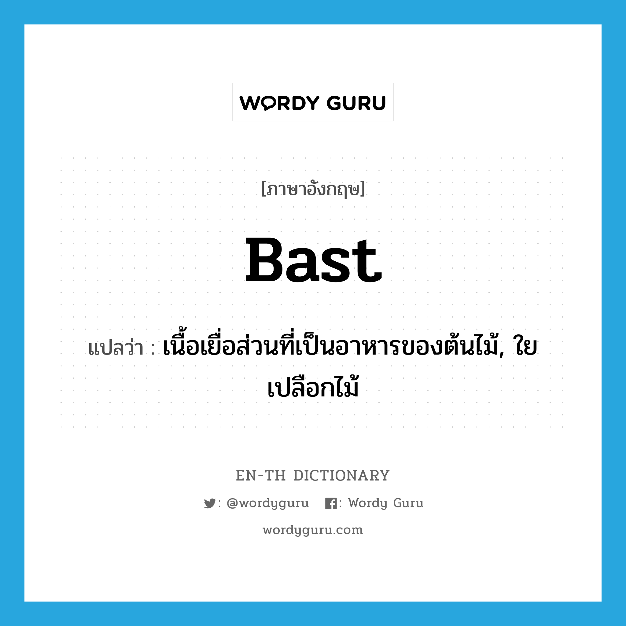 bast แปลว่า?, คำศัพท์ภาษาอังกฤษ bast แปลว่า เนื้อเยื่อส่วนที่เป็นอาหารของต้นไม้, ใยเปลือกไม้ ประเภท N หมวด N