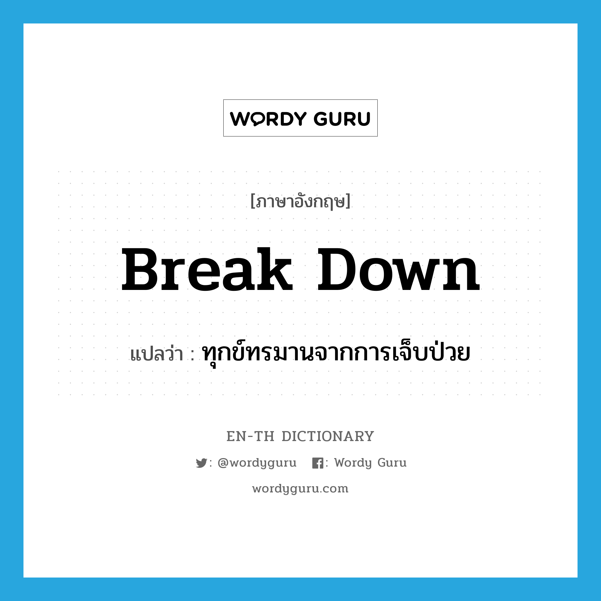 break down แปลว่า?, คำศัพท์ภาษาอังกฤษ break down แปลว่า ทุกข์ทรมานจากการเจ็บป่วย ประเภท PHRV หมวด PHRV