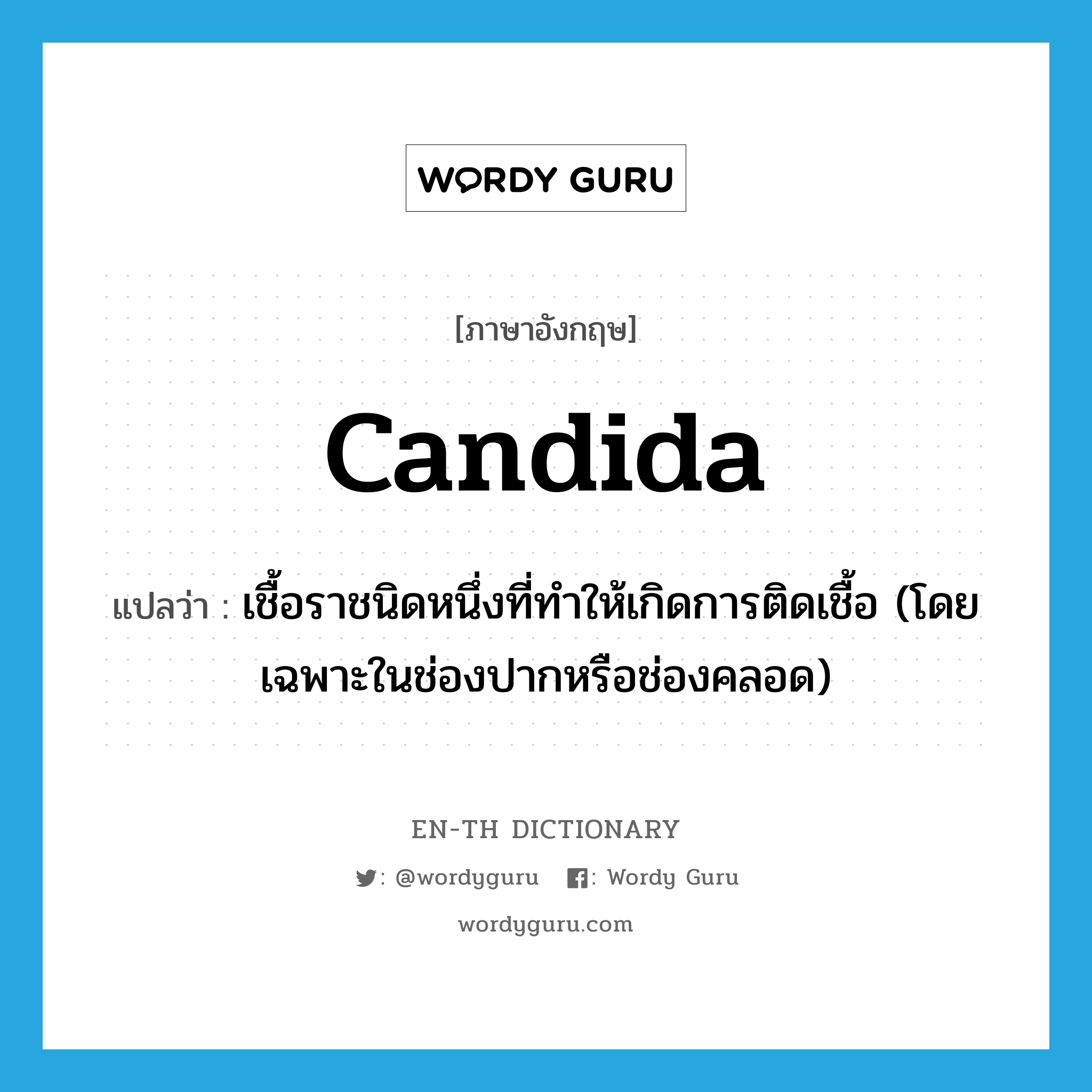 candida แปลว่า?, คำศัพท์ภาษาอังกฤษ candida แปลว่า เชื้อราชนิดหนึ่งที่ทำให้เกิดการติดเชื้อ (โดยเฉพาะในช่องปากหรือช่องคลอด) ประเภท N หมวด N